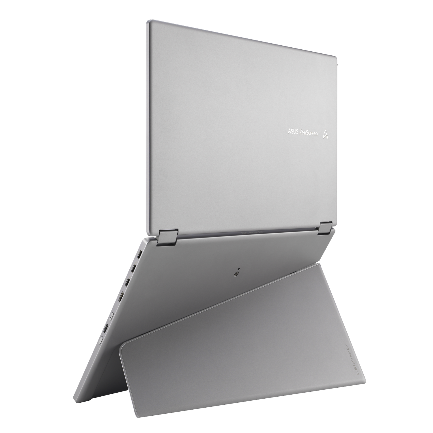 An ASUS ZenScreen Duo laptop, closed, showing the back and ports.