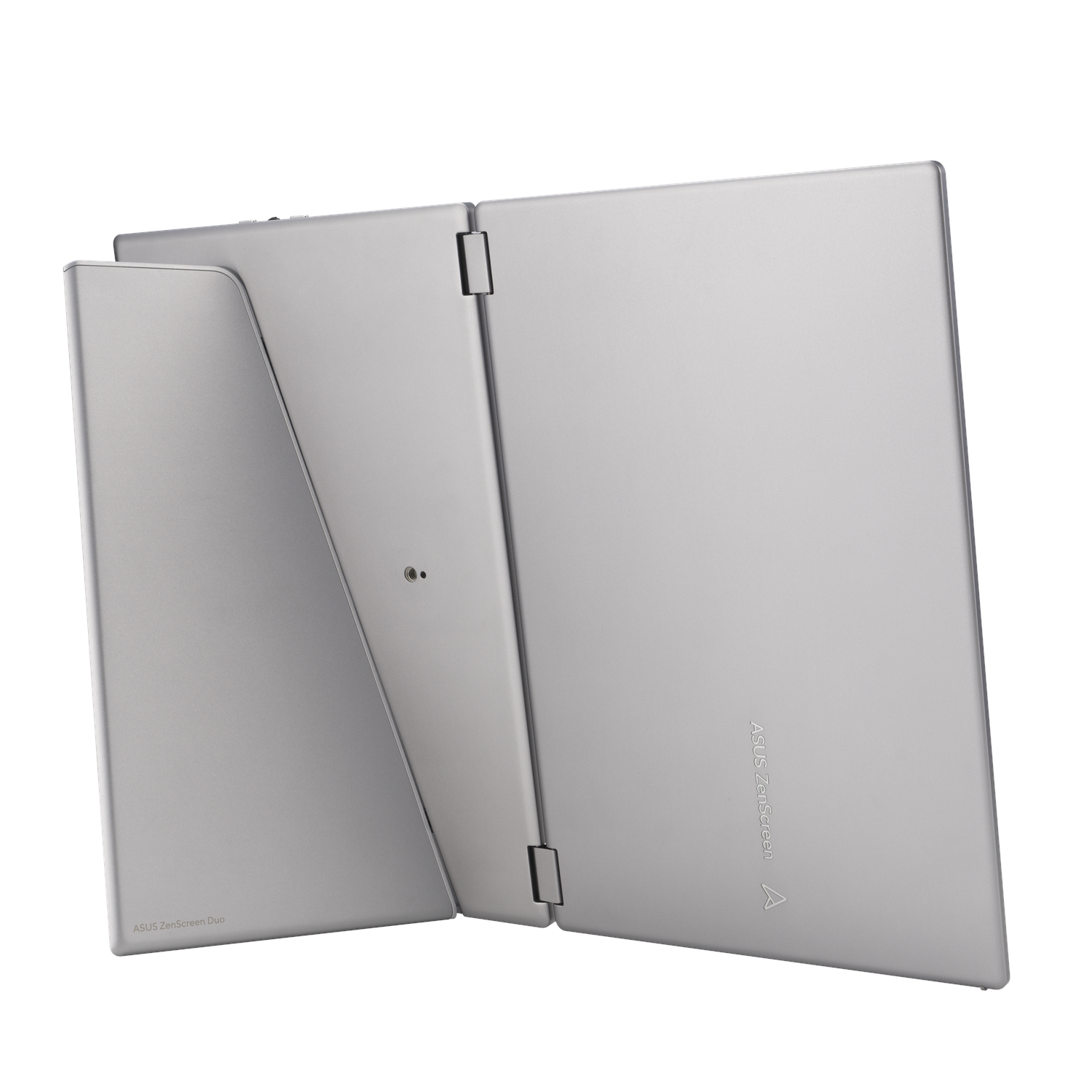 A silver laptop with an attached screen is open.