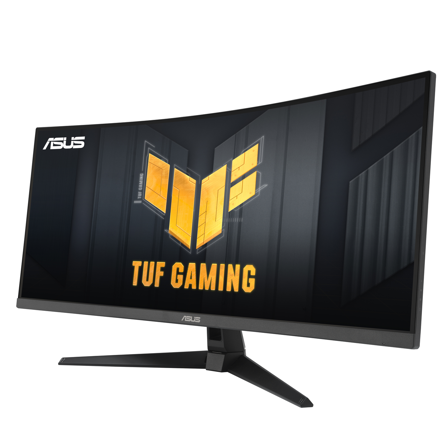 Curved black monitor displays TUF GAMING logo, ASUS logo at top. Stand and base are black.