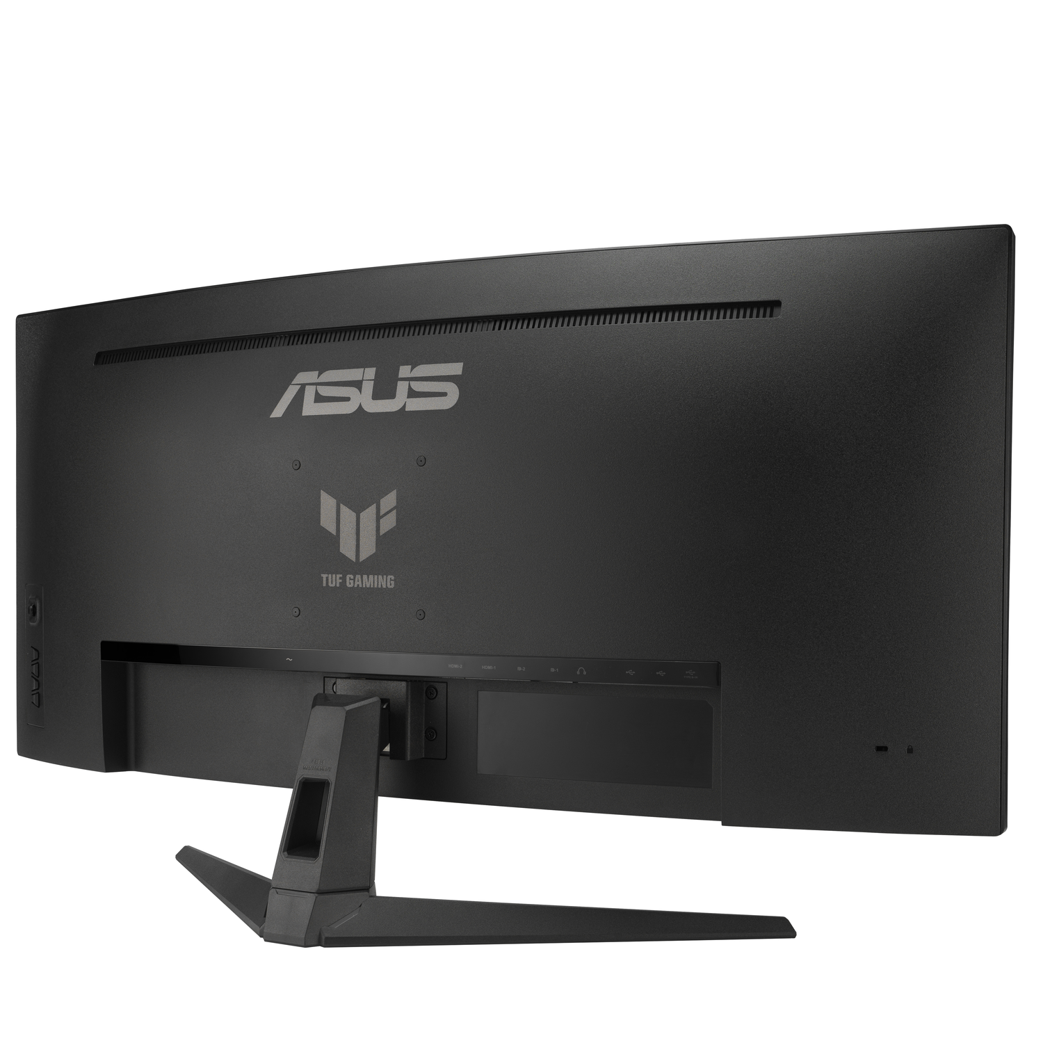 The back of a black ASUS monitor. It has a stand and ports visible.