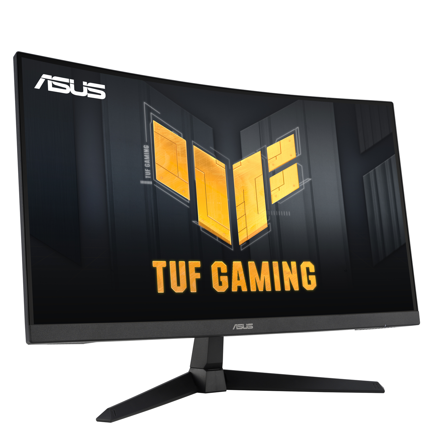 Gebogen zwarte monitor met ASUS-logo en TUF GAMING-tekst op het scherm.