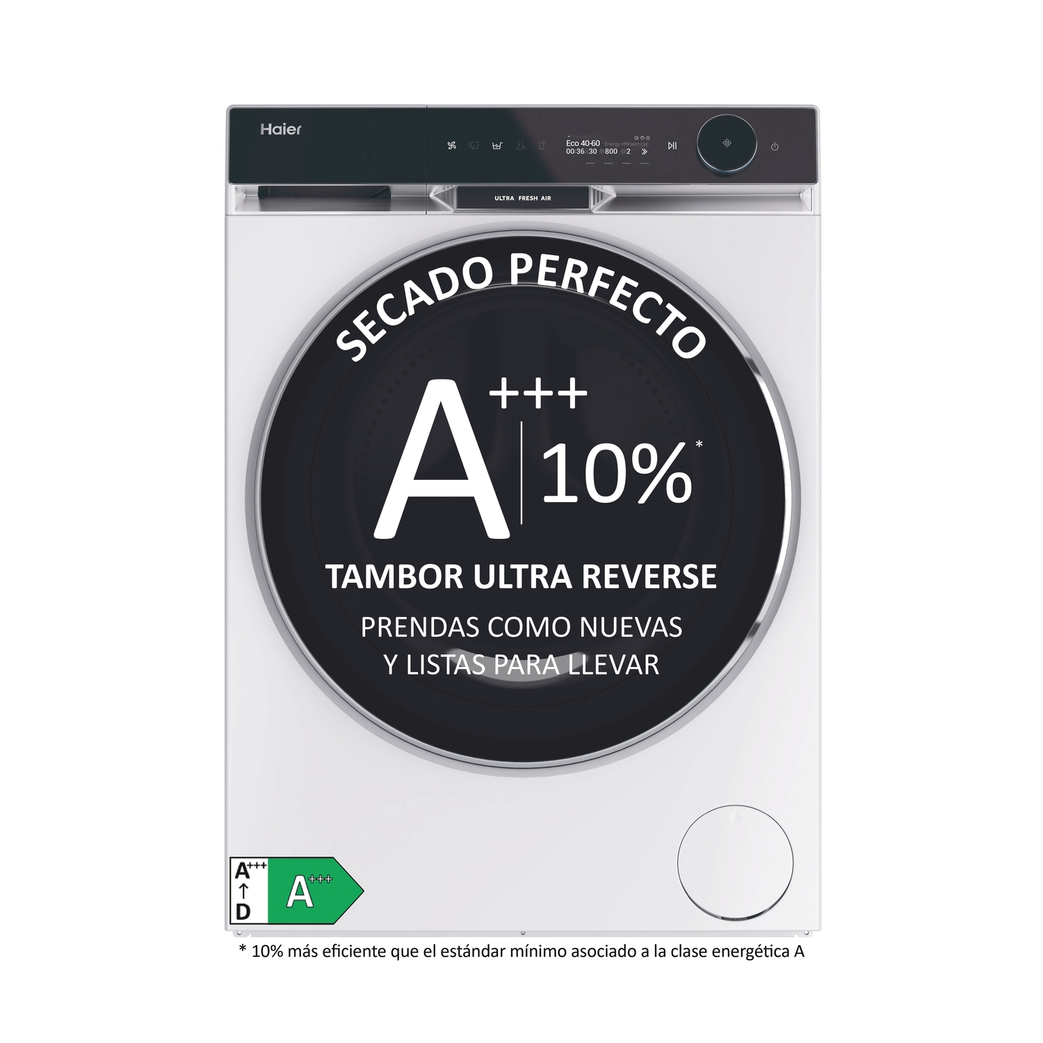Secadora Haier blanca. Vista frontal, gran pegatina: Secado perfecto, A+10%, Tambor Ultra Reverse.