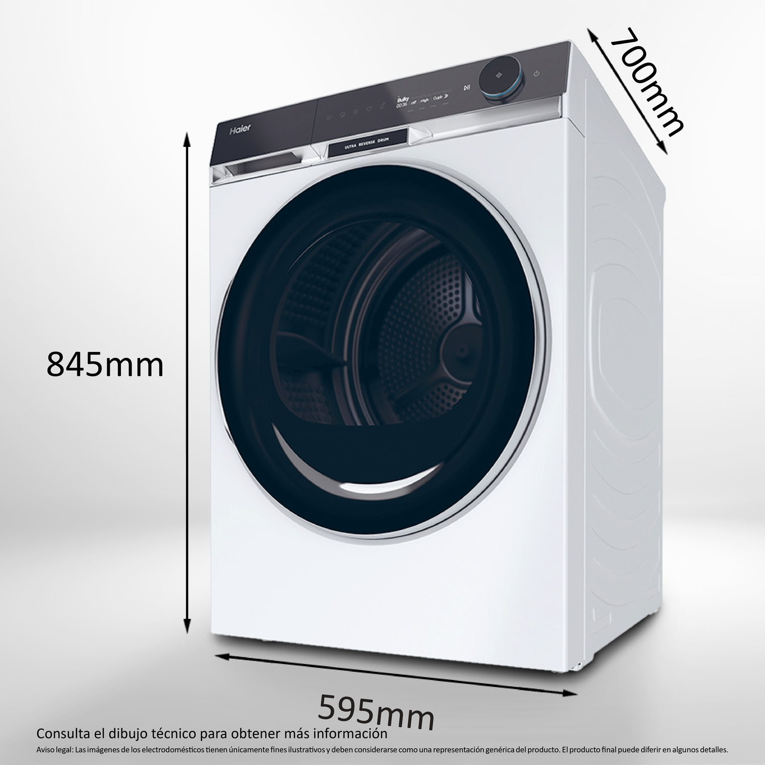Una lavadora Haier en un entorno blanco. Se muestran las dimensiones.