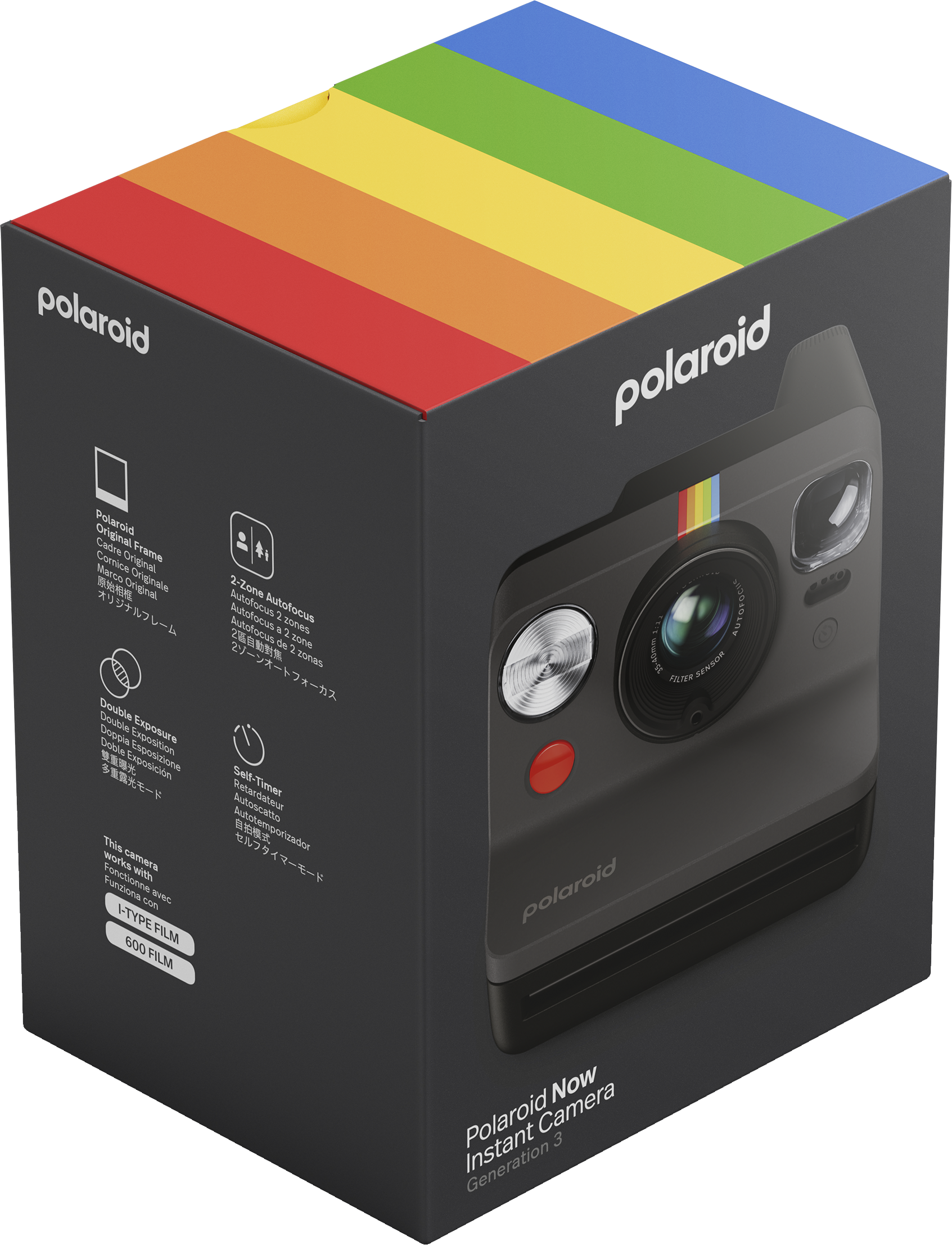 Polaroid Now instant kamera fekete dobozban szivárványcsíkos dizájnnal.