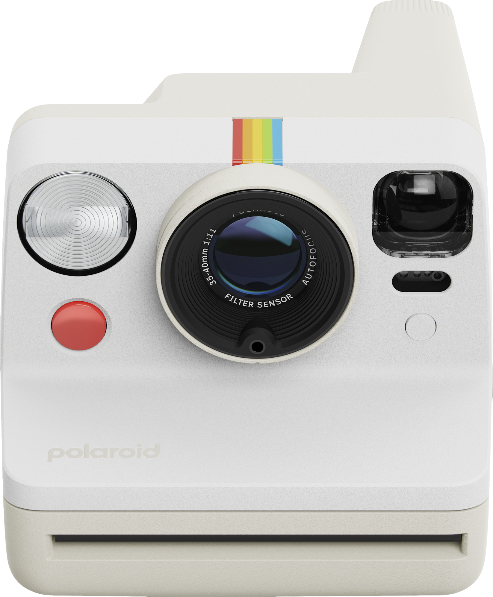 Weiße Polaroid-Kamera mit Regenbogenstreifen, roter Taste, schwarzem Objektiv und Blitz.