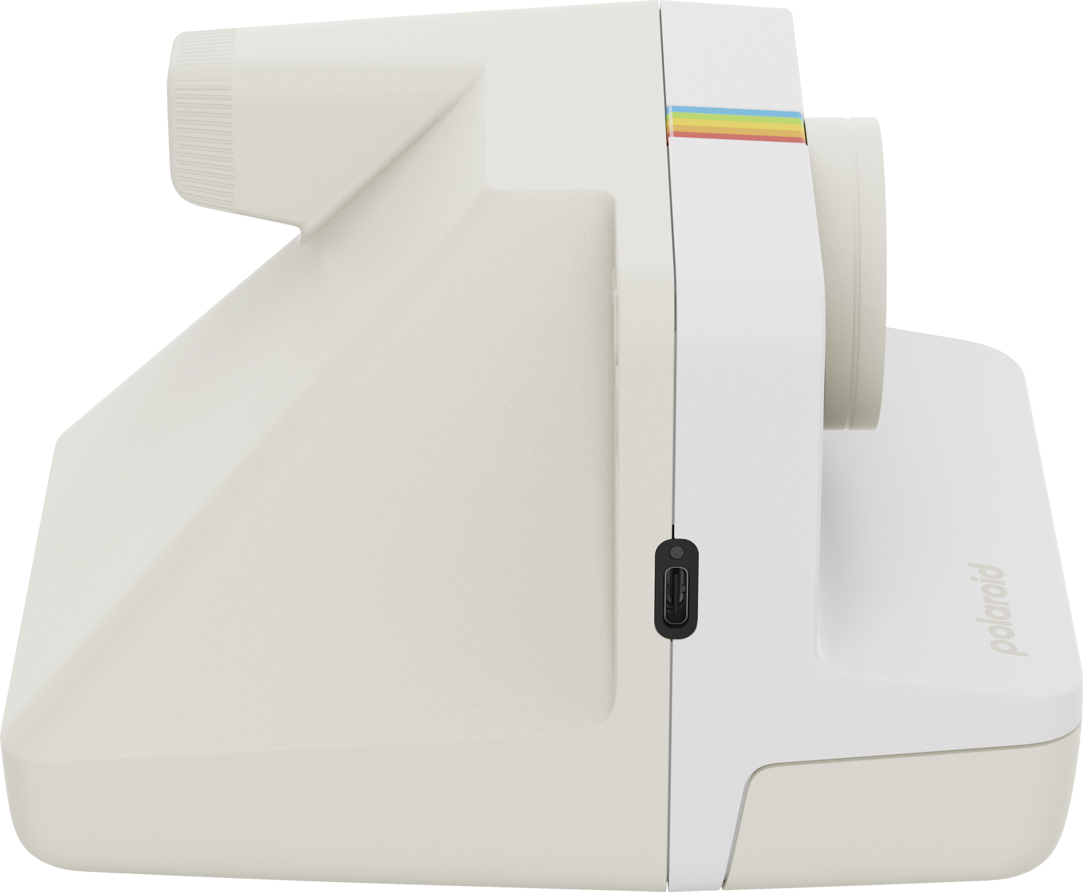 Polaroid kamera fehér színvilágban, oldalnézetben.