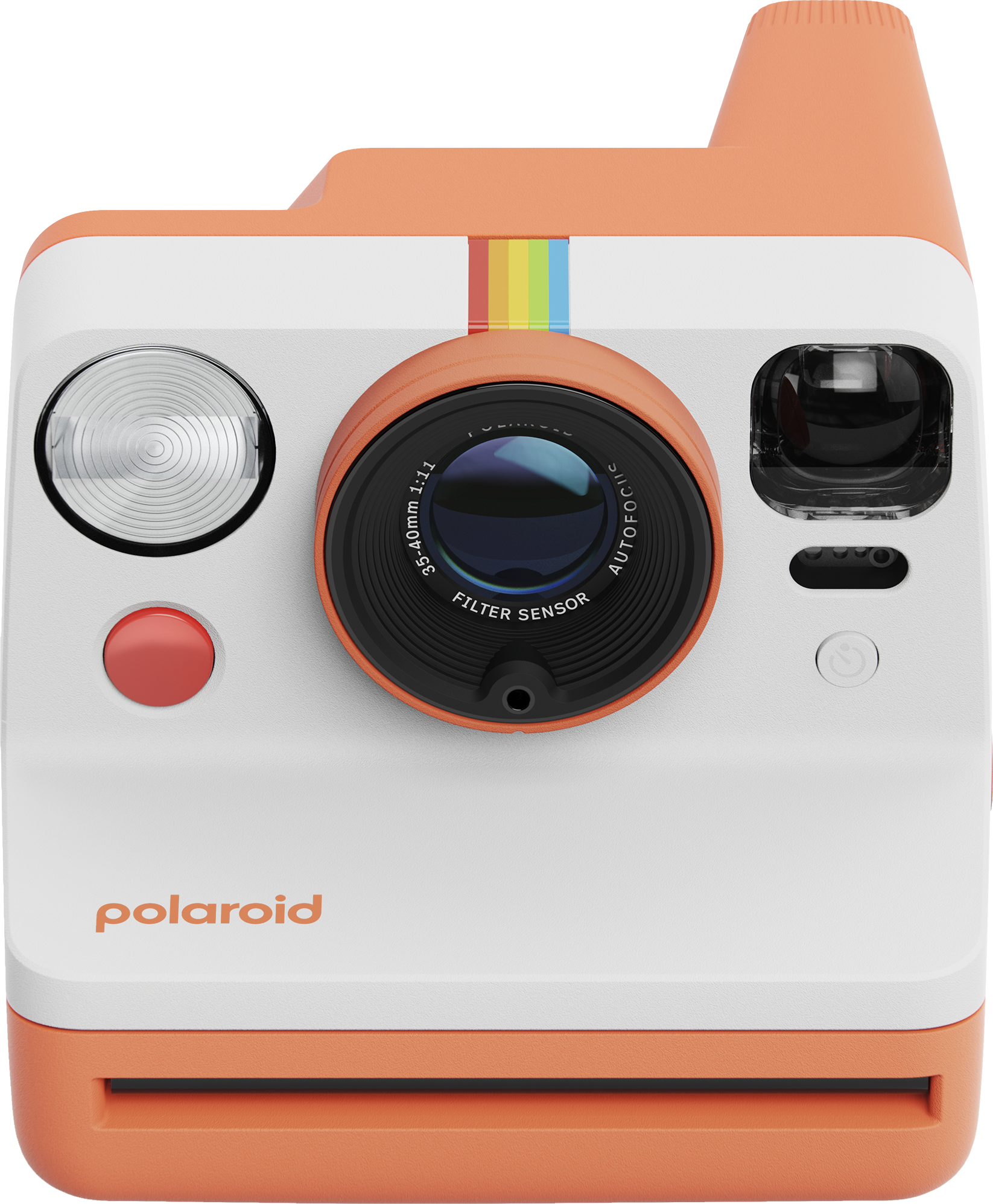 Eine orange und weiße Polaroid-Kamera mit Regenbogenstreifen und Objektiv.