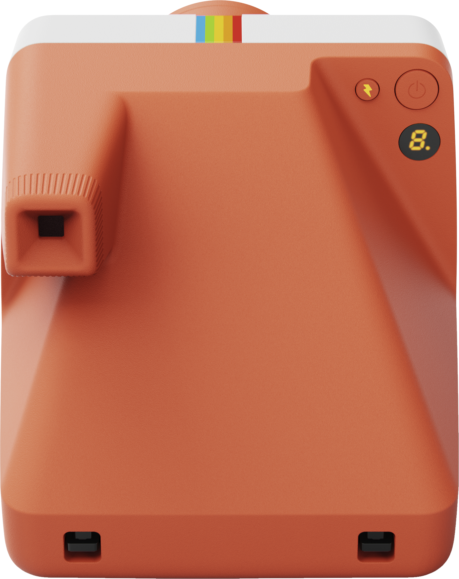 Orange Polaroid-Kamera, Draufsicht. Mit Regenbogenstreifen, Knöpfen und Objektiv. Zeigt '8.' auf dem Bildschirm.
