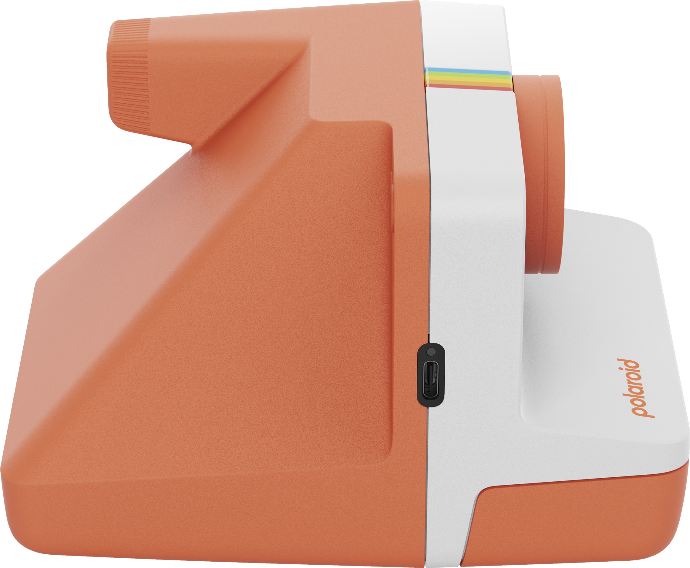 Seitenansicht einer orangefarbenen und weißen Polaroid-Kamera mit Regenbogenstreifen.