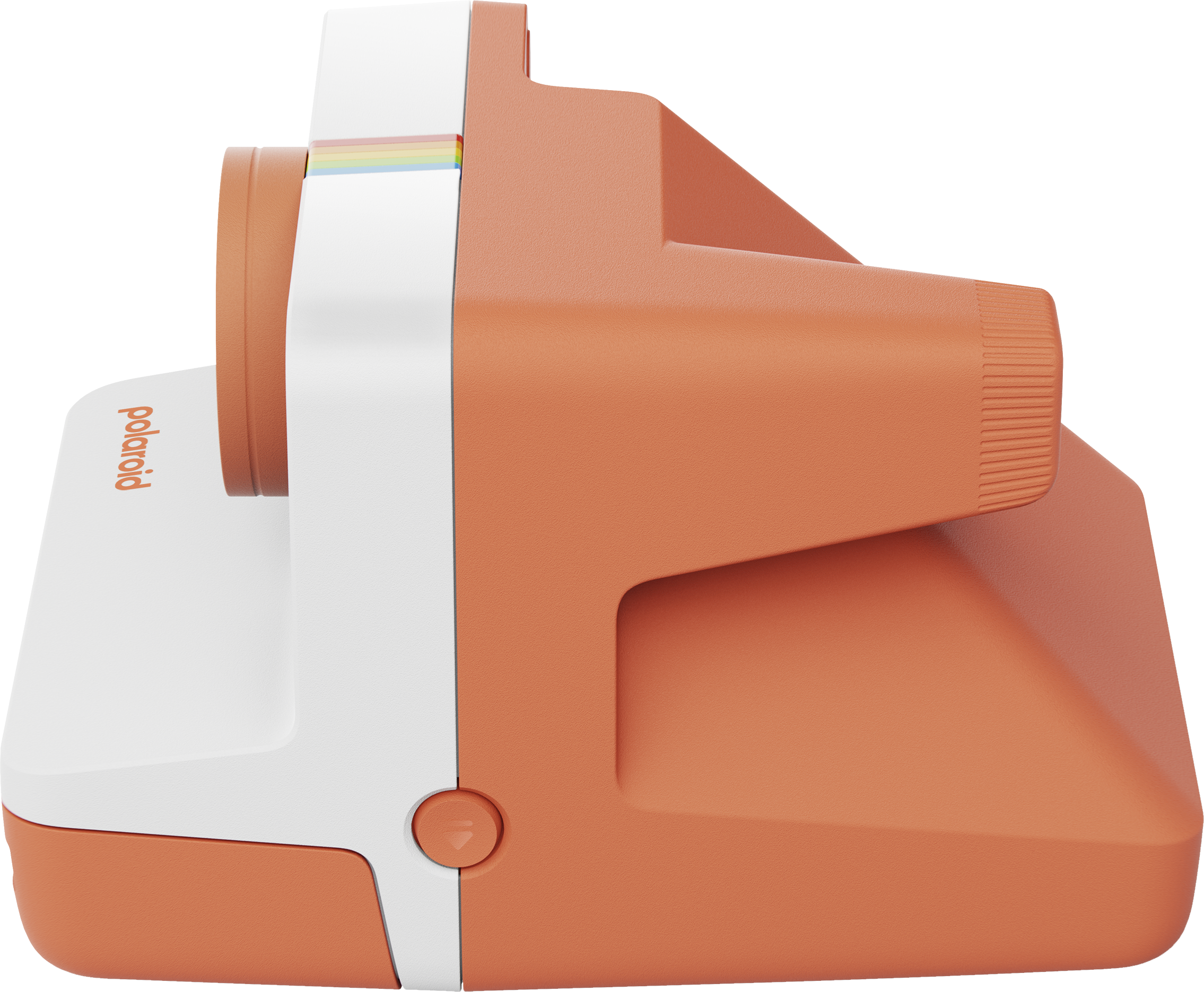 Orange Polaroid-Kamera, Seitenansicht. Mit weißen Akzenten, Regenbogenstreifen und Objektiv. Polaroid-Logo sichtbar.