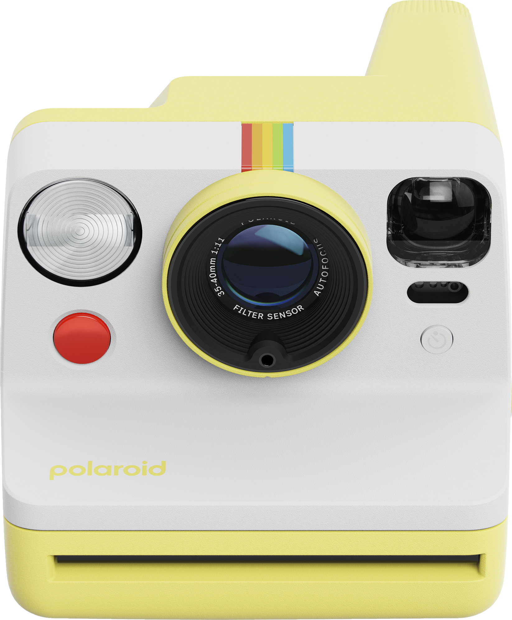 Gelb-weiße Polaroid-Kamera mit roter Taste und Regenbogenstreifen.