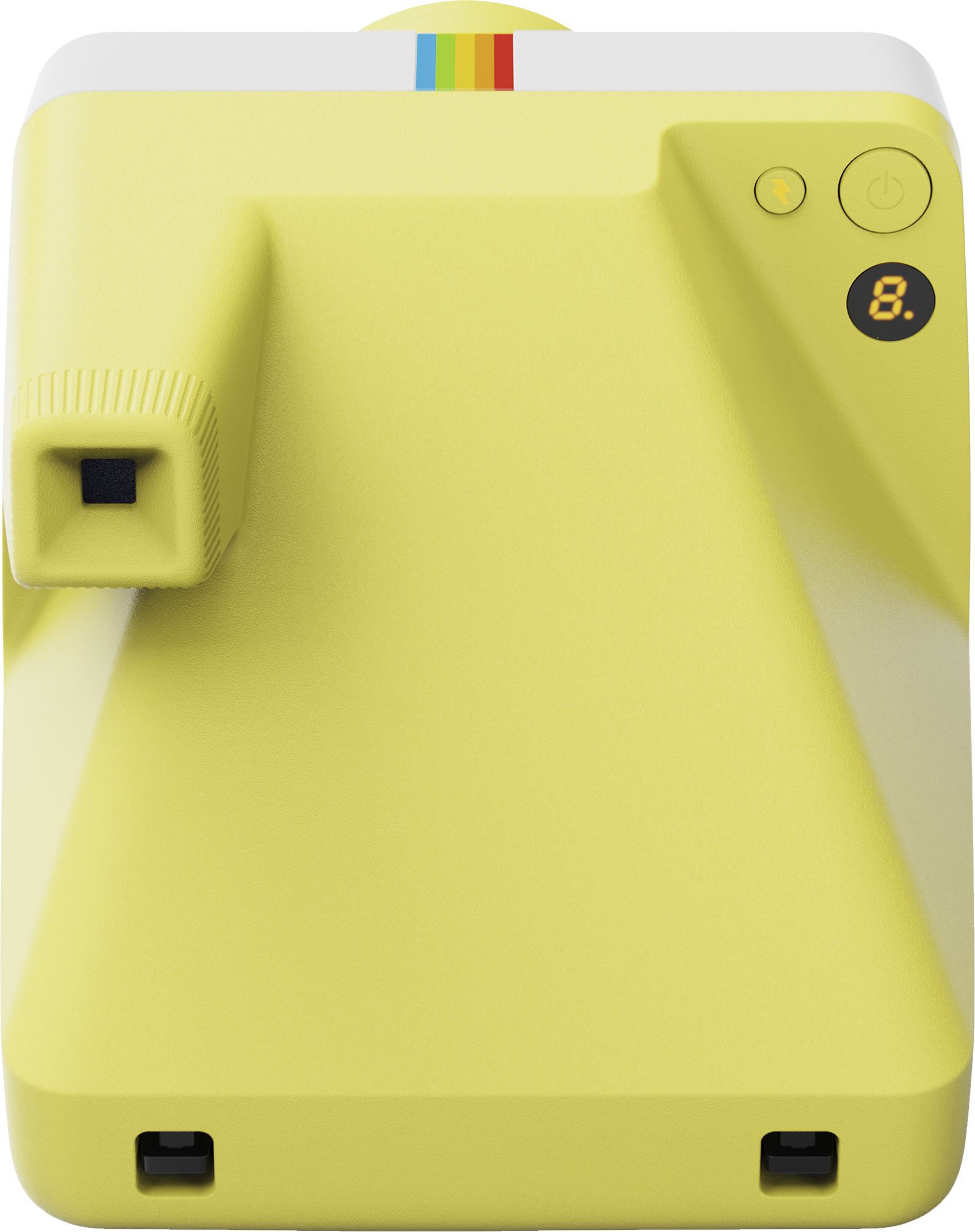 Gelbe Polaroid-Kamera, Draufsicht. Mit Regenbogenstreifen, Knöpfen und Objektiv. Zeigt '8.' auf dem Bildschirm.