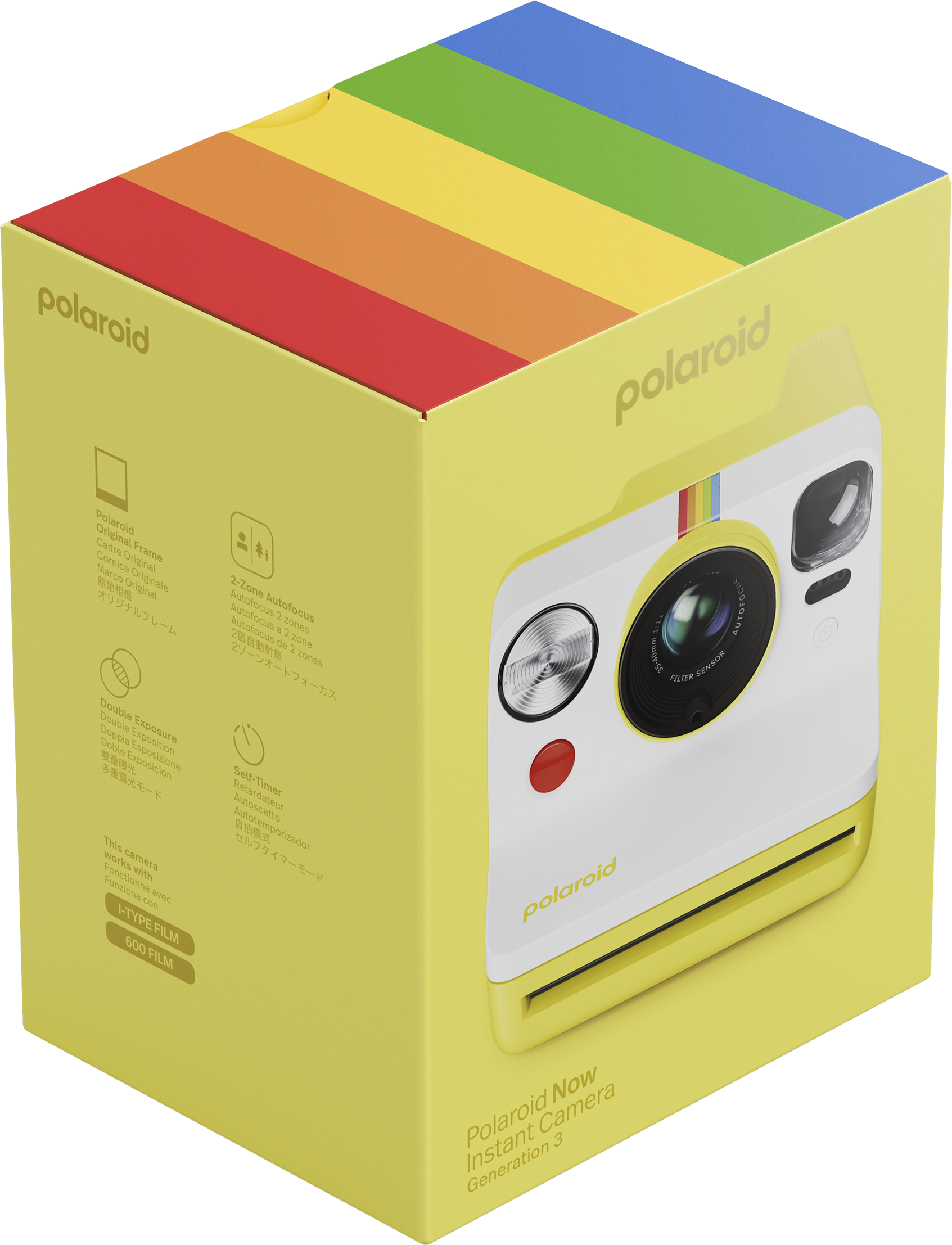 Polaroid Now Kamerakarton, gelb mit Regenbogenstreifen, Kameraabbildung vorne. Text an der Seite.