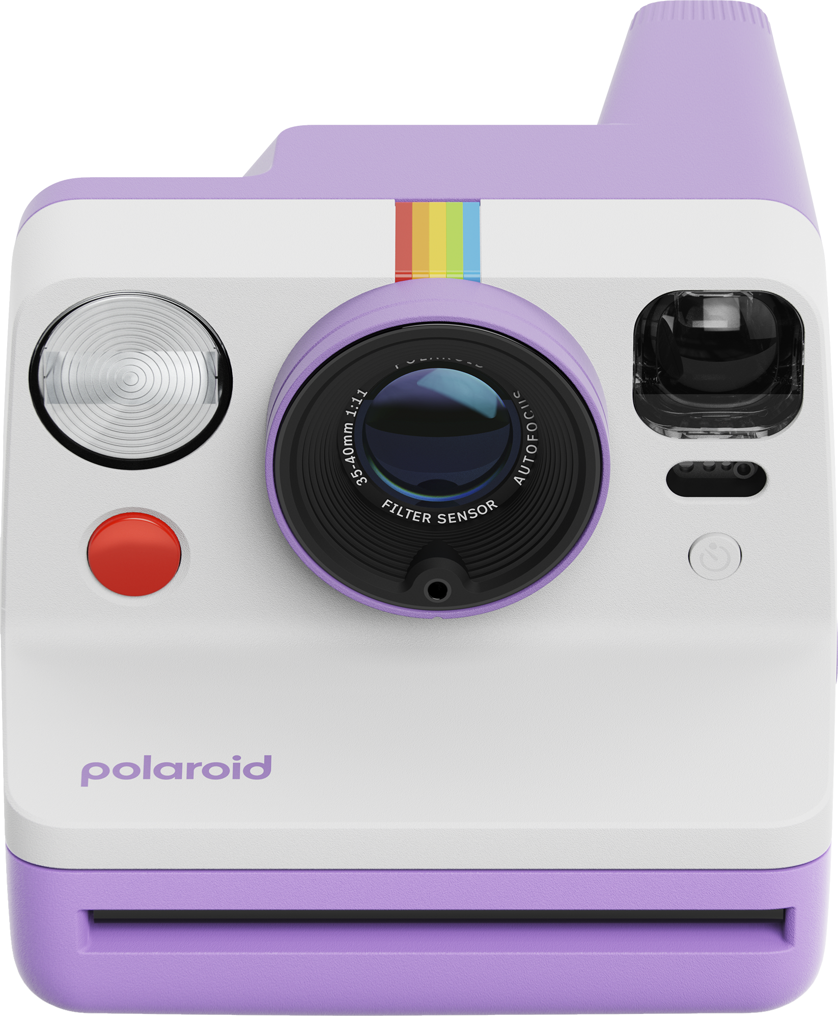 Weiße und lila Polaroid-Kamera mit Regenbogenstreifen und rotem Knopf.