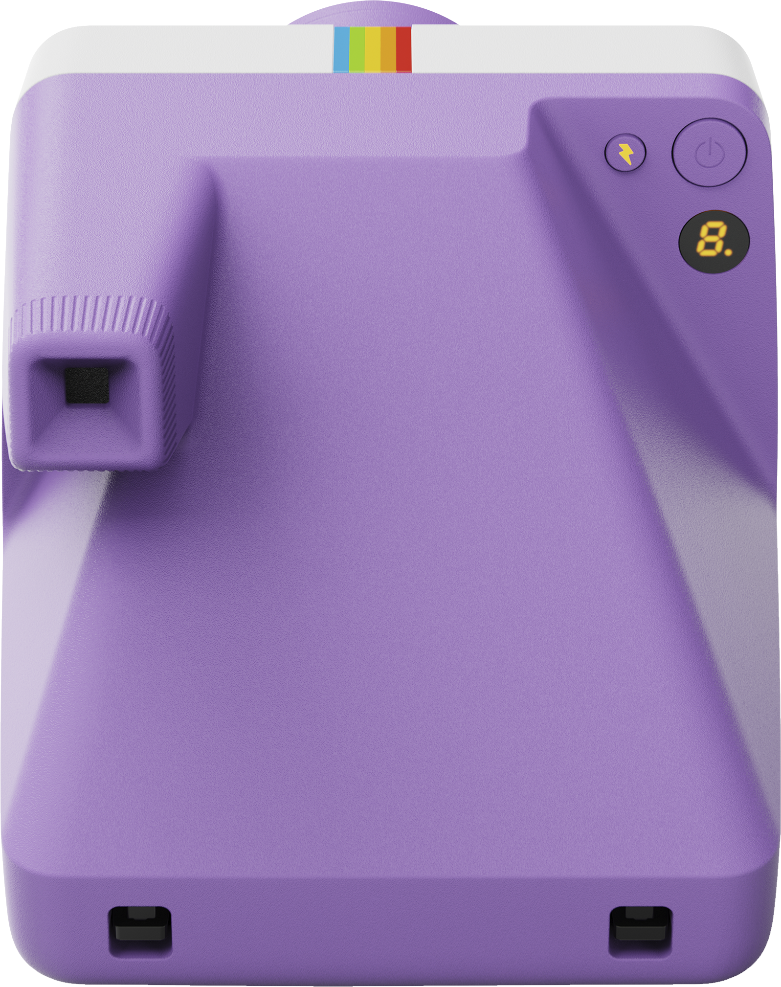 Violette Sofortbildkamera mit Regenbogenstreifen und Knöpfen.
