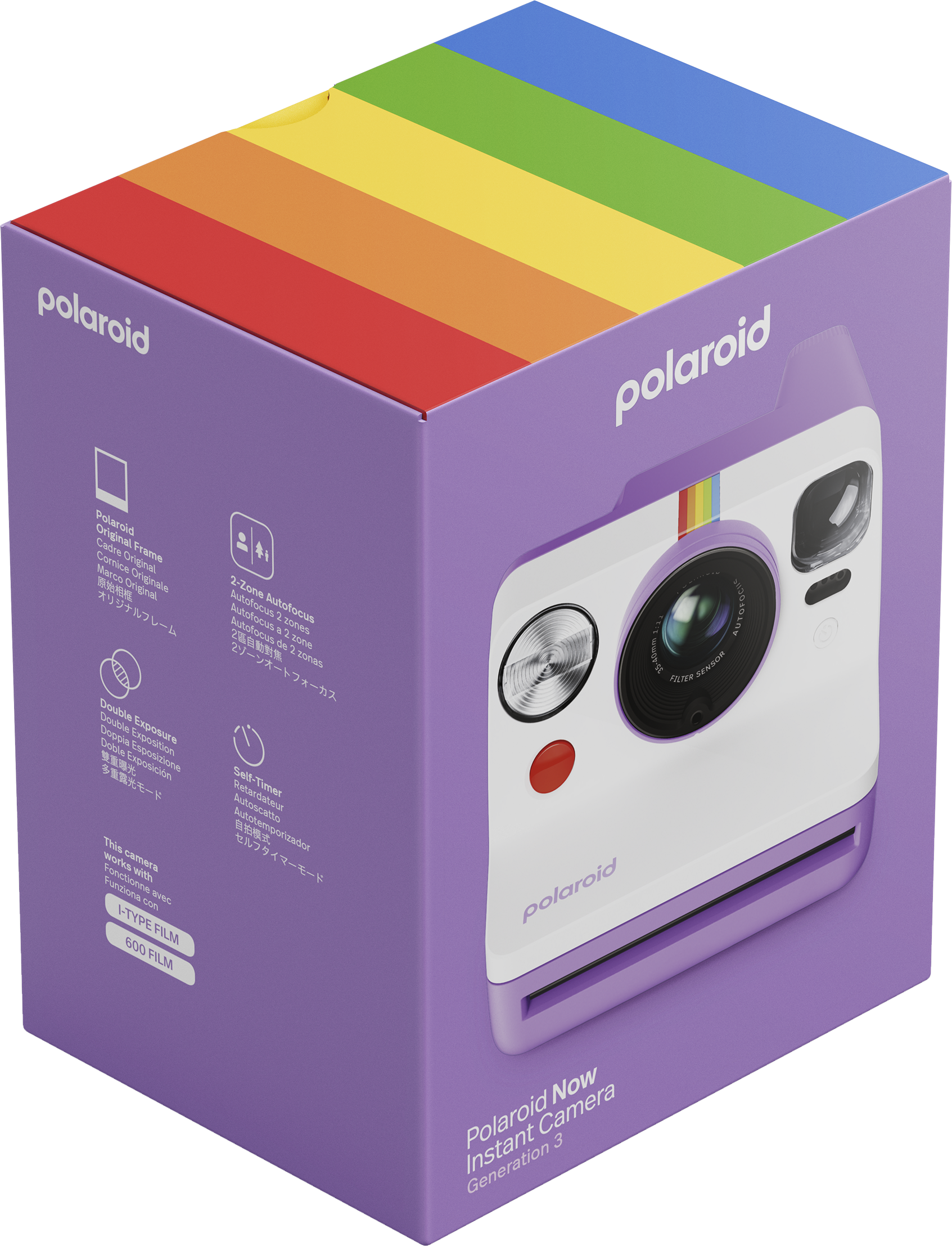 Eine Polaroid-Kamera in einer Box mit einem Regenbogenstreifen.