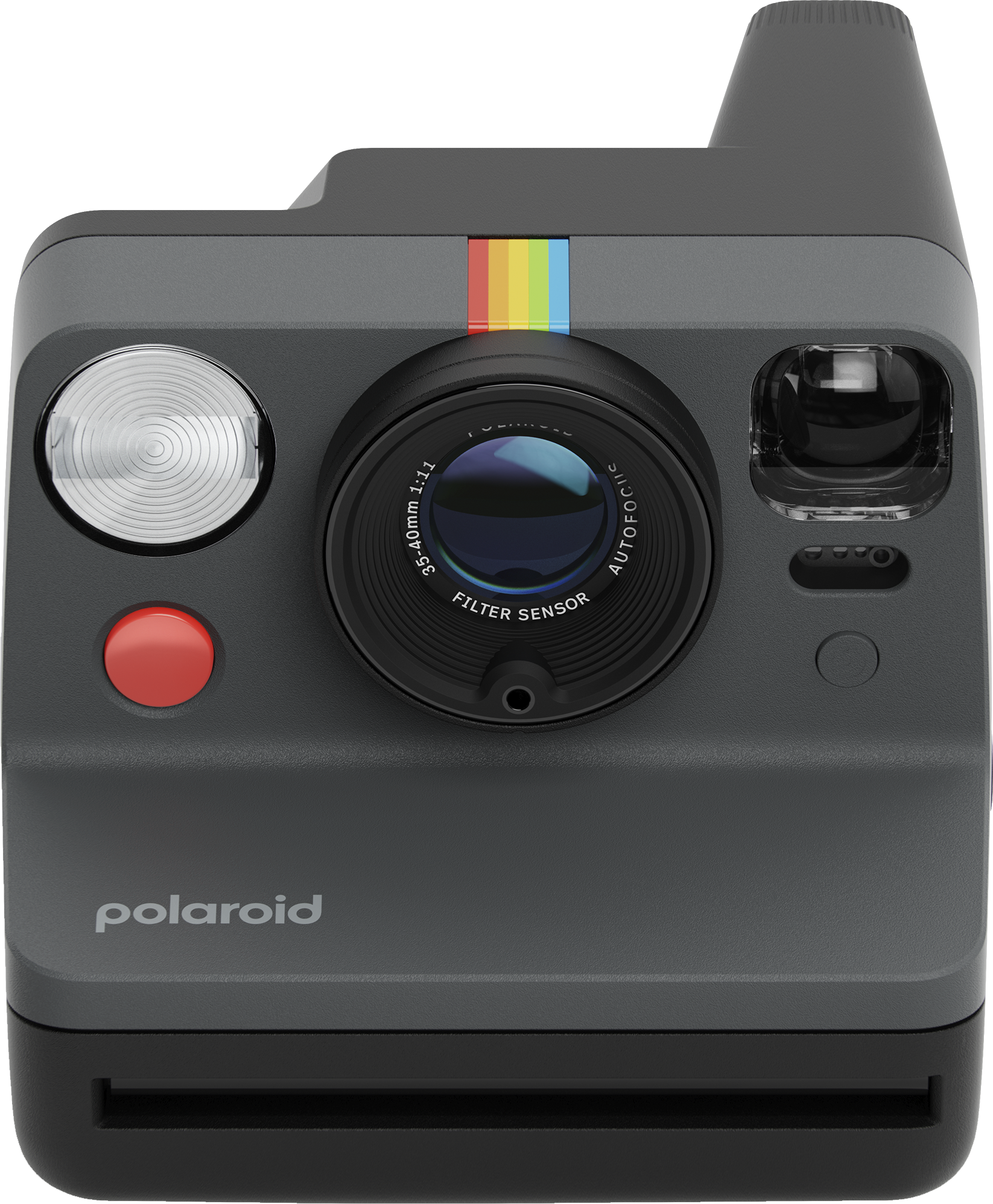Dunkelgraue Polaroid-Kamera, Vorderansicht. Mit Objektiv, rotem Knopf und Regenbogenstreifen. Polaroid-Logo.