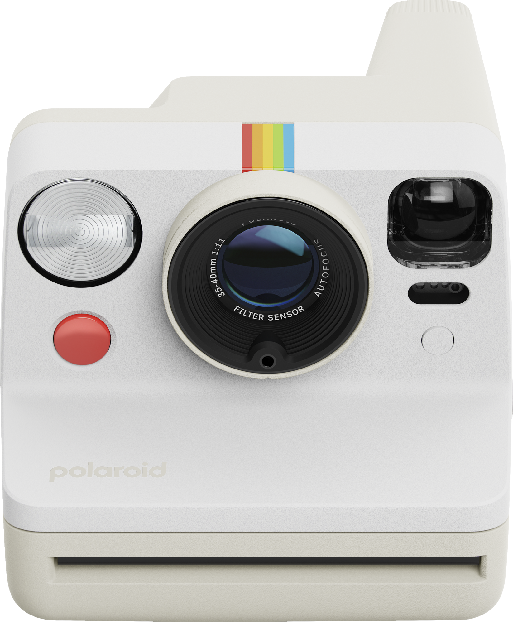 Weiße Polaroid-Kamera, Vorderansicht. Mit Objektiv, rotem Knopf und Regenbogenstreifen. Polaroid-Logo.