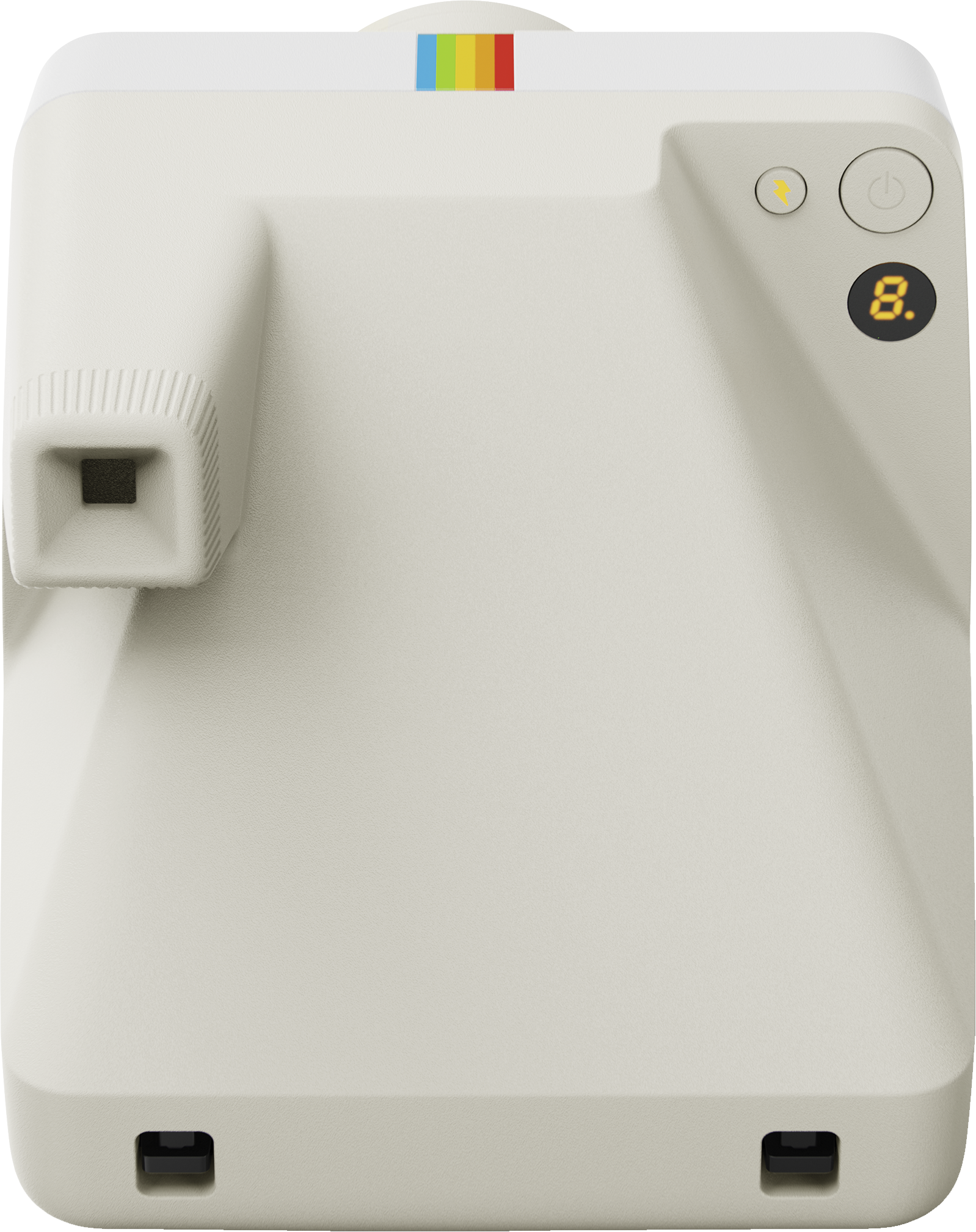 Creme Polaroid-Kamera, Draufsicht. Mit Regenbogenstreifen, Knöpfen und Objektiv. Zeigt '8.' auf dem Bildschirm.