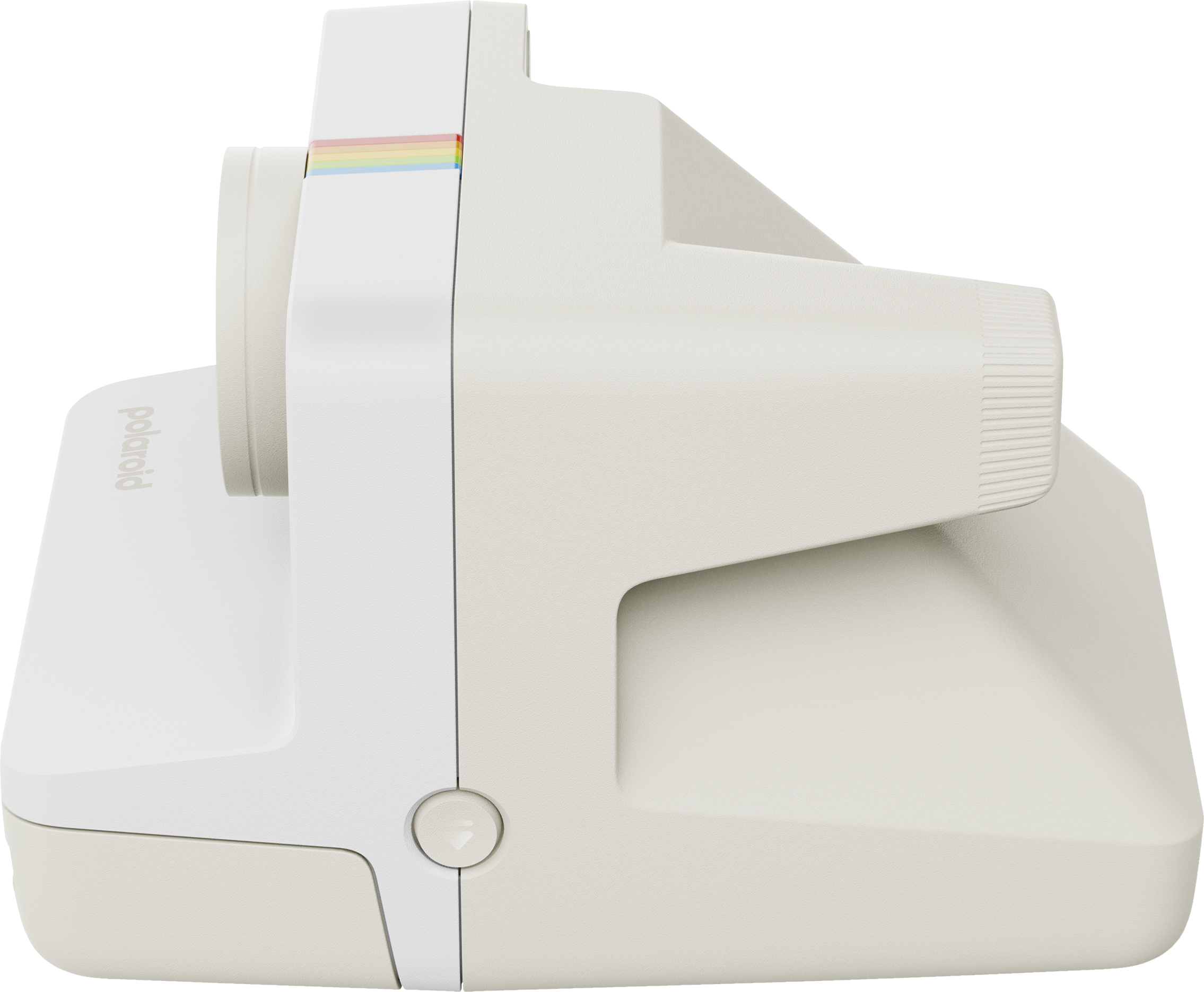Creme Polaroid-Kamera, Seitenansicht. Mit weißen Akzenten, Regenbogenstreifen und Objektiv. Polaroid-Logo sichtbar.
