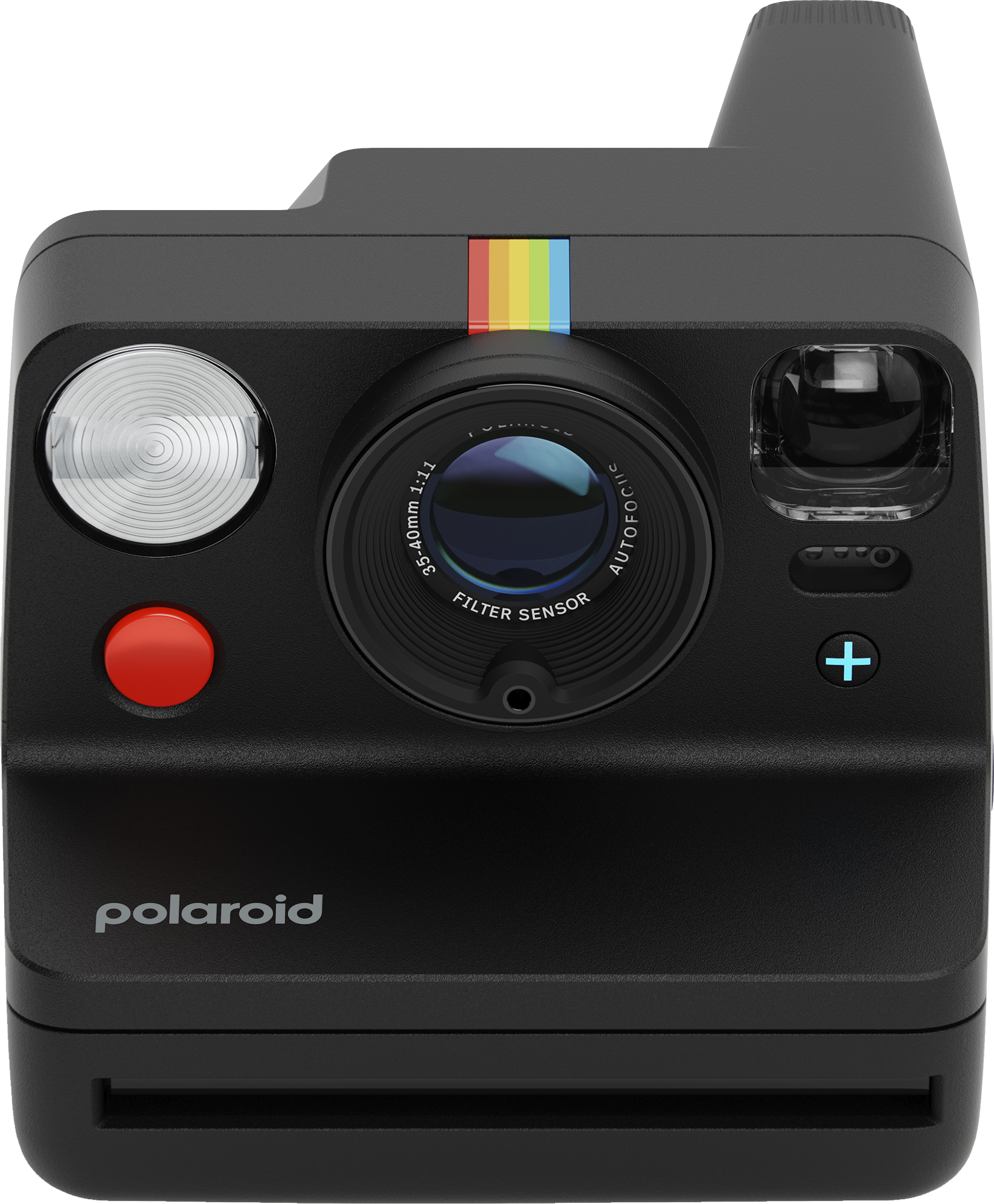 Fekete Polaroid fényképezőgép szivárványcsíkkal, piros gombbal és objektívvel.