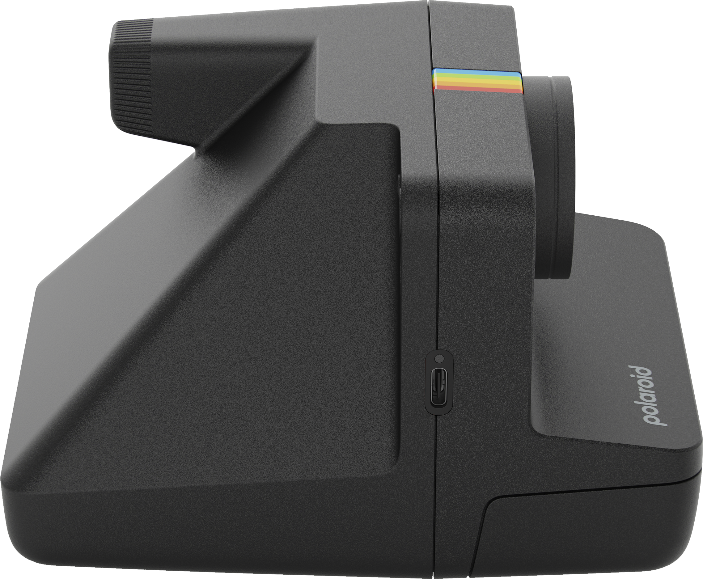 Polaroid kamera fekete színvilágban, oldalnézetben.