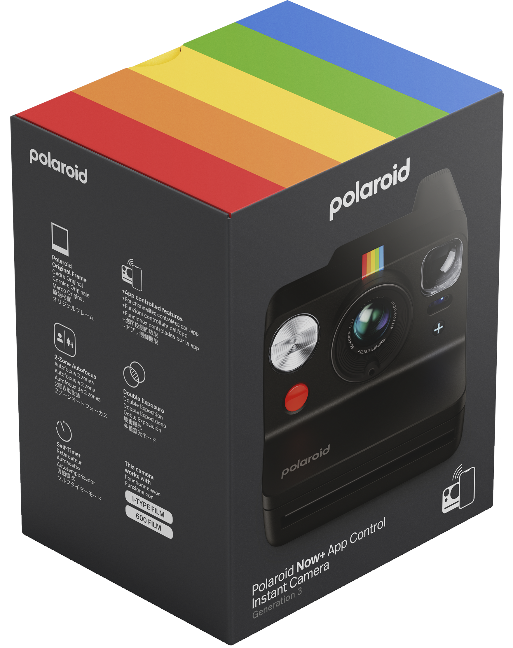 Polaroid kamera egy dobozban. Fekete kamera szivárványcsíkkal, és a Polaroid szó.