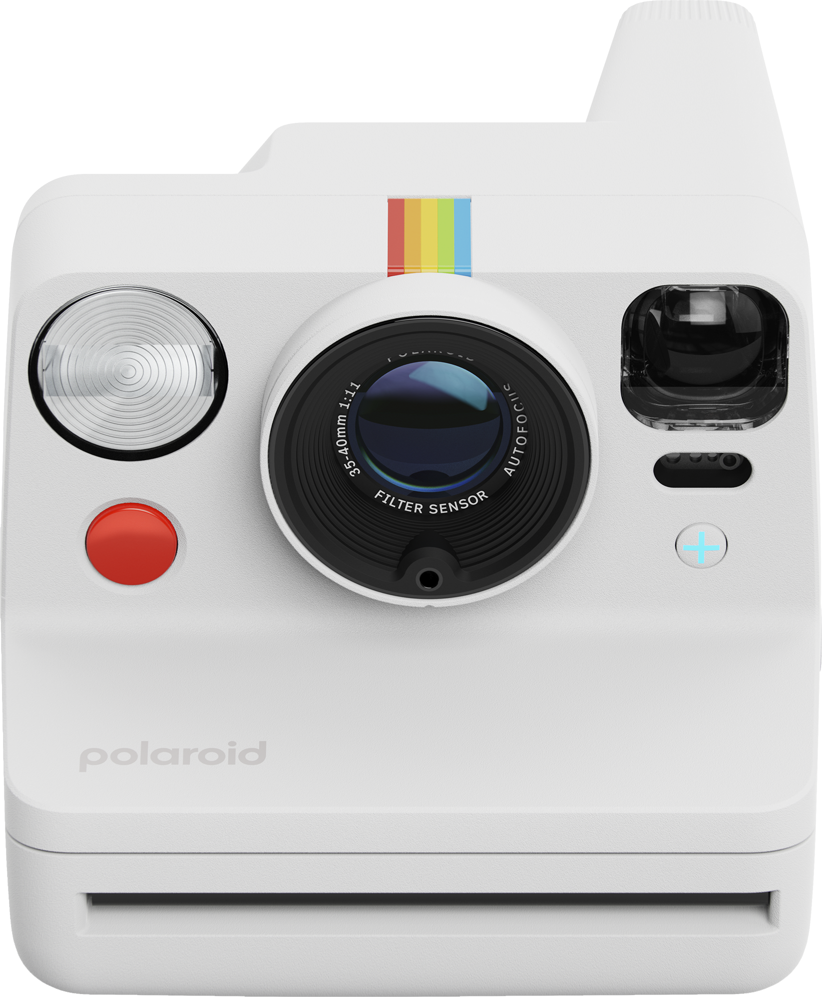 Fehér Polaroid kamera, elölnézet. Objektívvel, piros gombbal és szivárványcsíkkal. Polaroid logó.