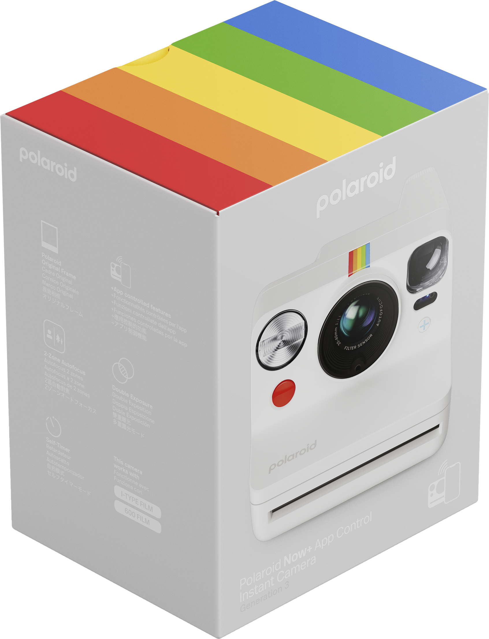 Polaroid kamera dobozban, szivárványszínnel.
