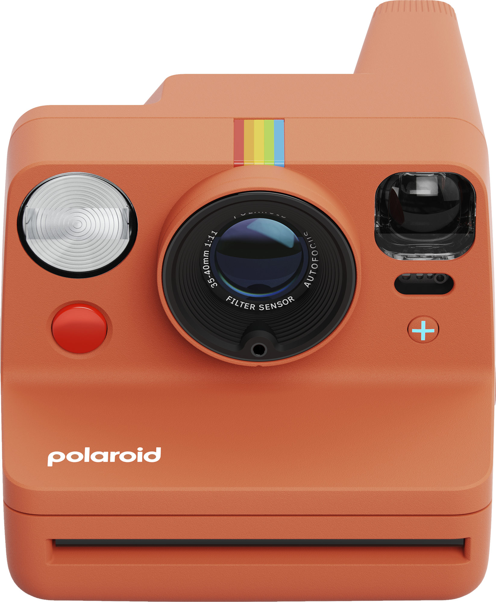 Narancssárga Polaroid kamera szivárványcsíkkal, objektívvel, piros gombbal és fehér szöveggel.