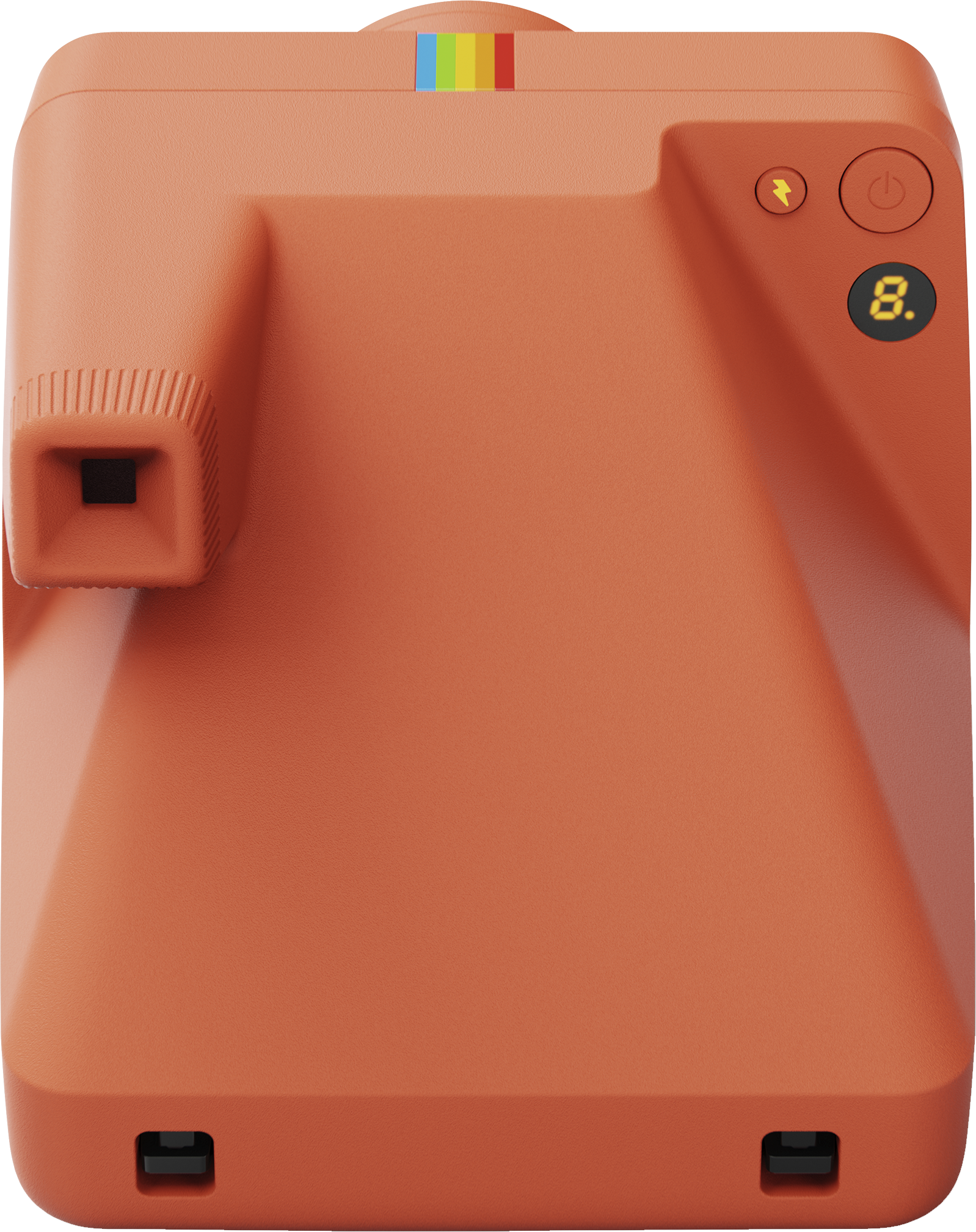 Narancssárga Polaroid kamera, felülnézet. Szivárványcsíkkal, gombokkal és objektívvel. '8.' látható.