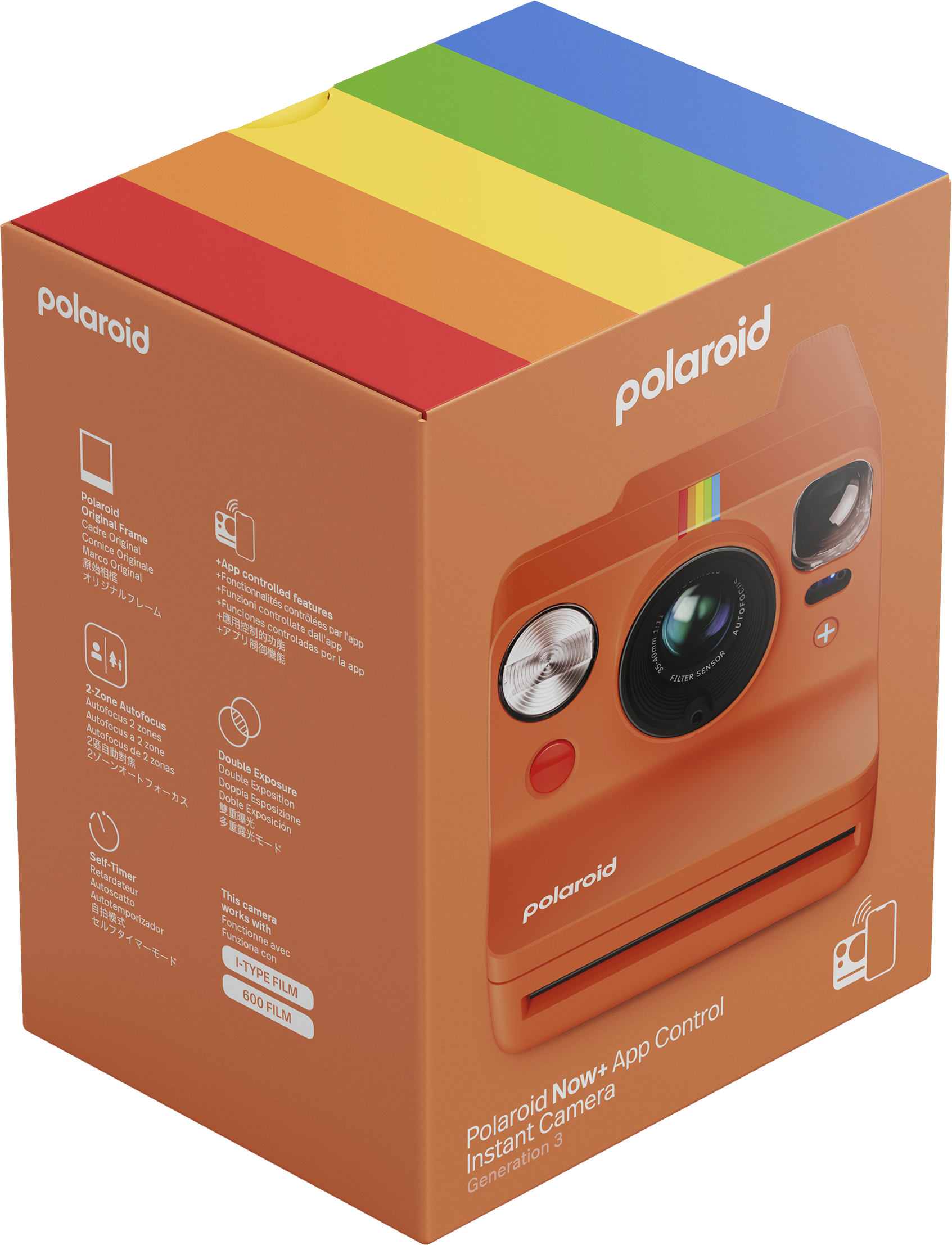 Polaroid Now+ kamera doboz, narancssárga, szivárványcsíkkal és kamera képpel. Szöveg a dobozon, jellemzők listája.