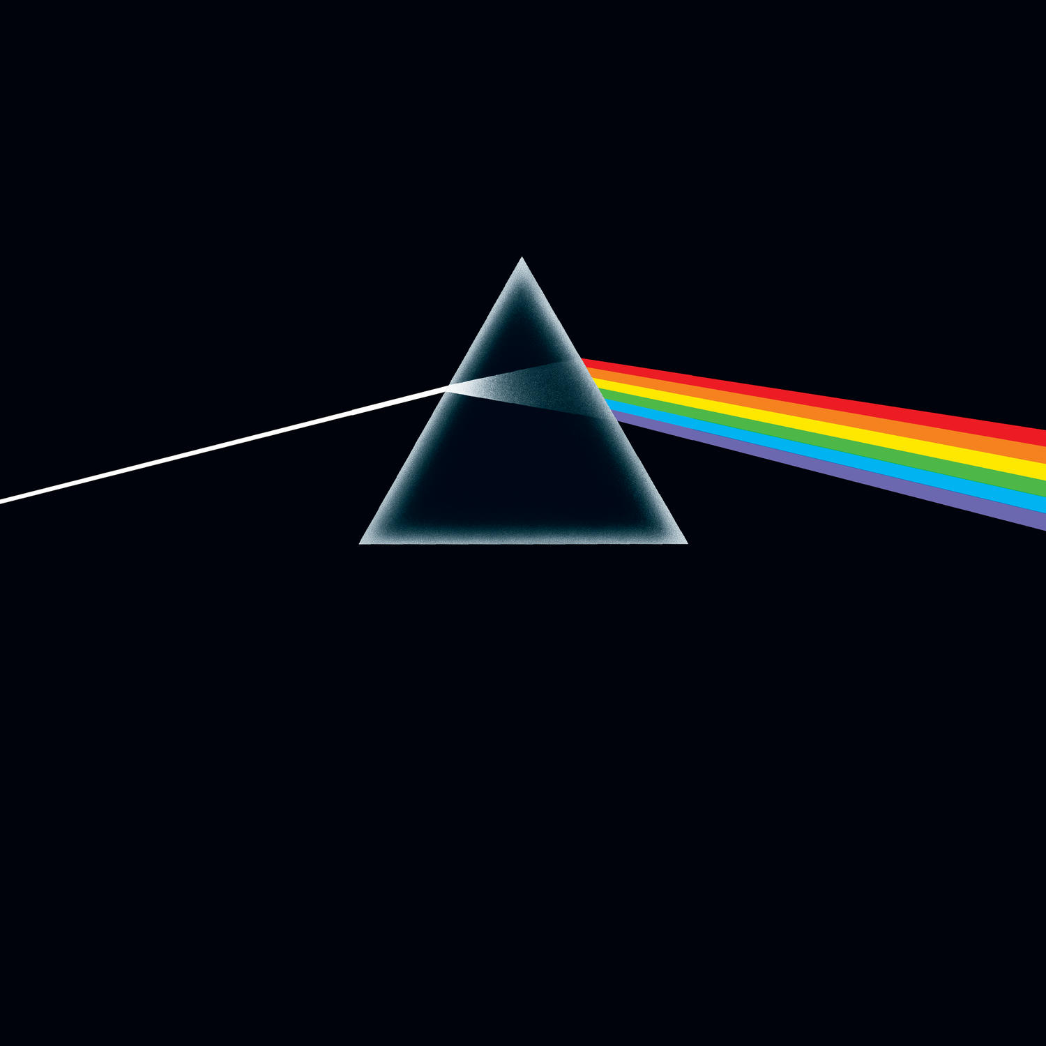 Dark Side of the Moon album cover: prism splitting light into a rainbow on a black background.