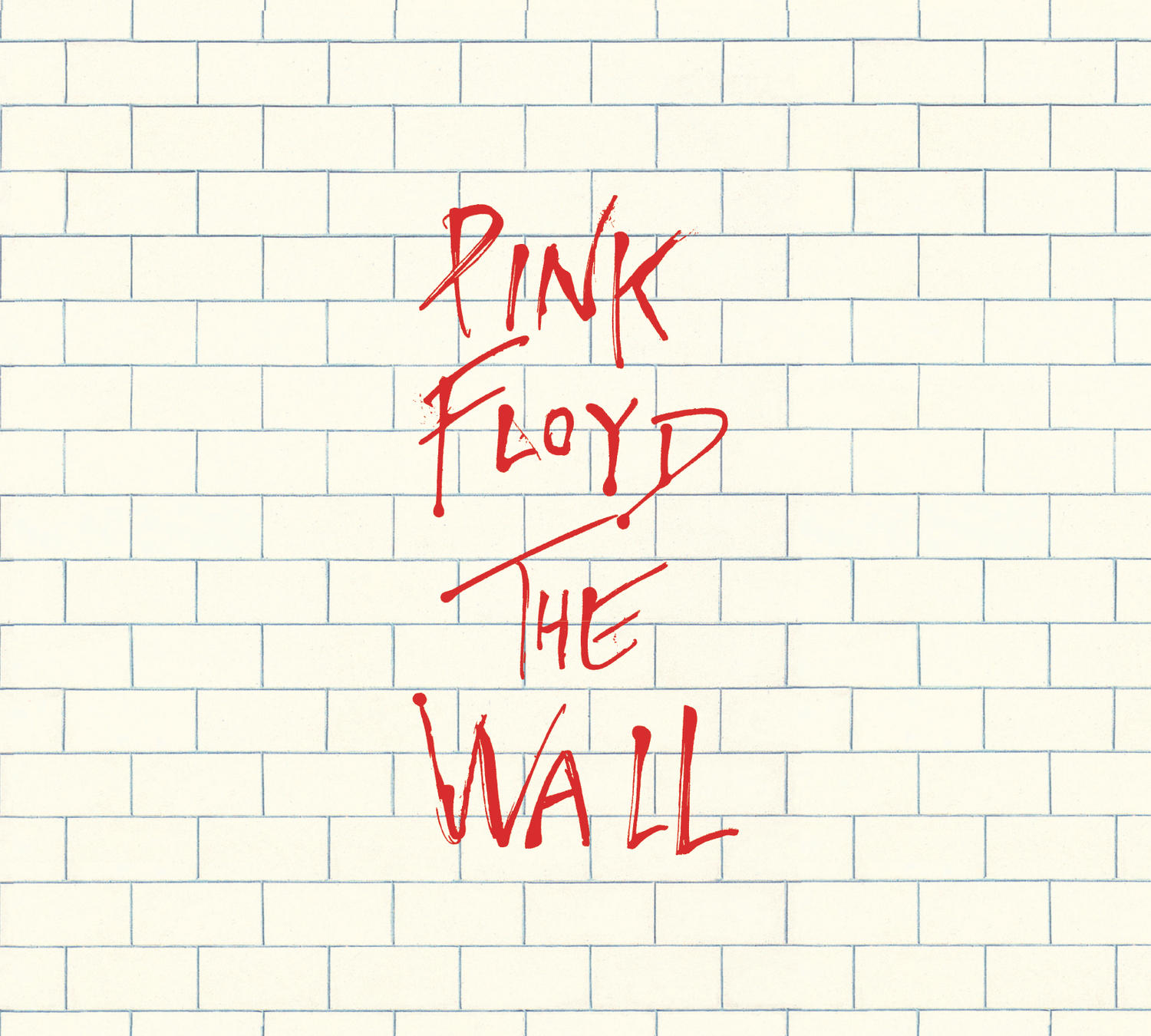 Pink Floyd Albumcover: Weiße Backsteinmauer mit rotem Text. Der Text lautet 'Pink Floyd The Wall'.