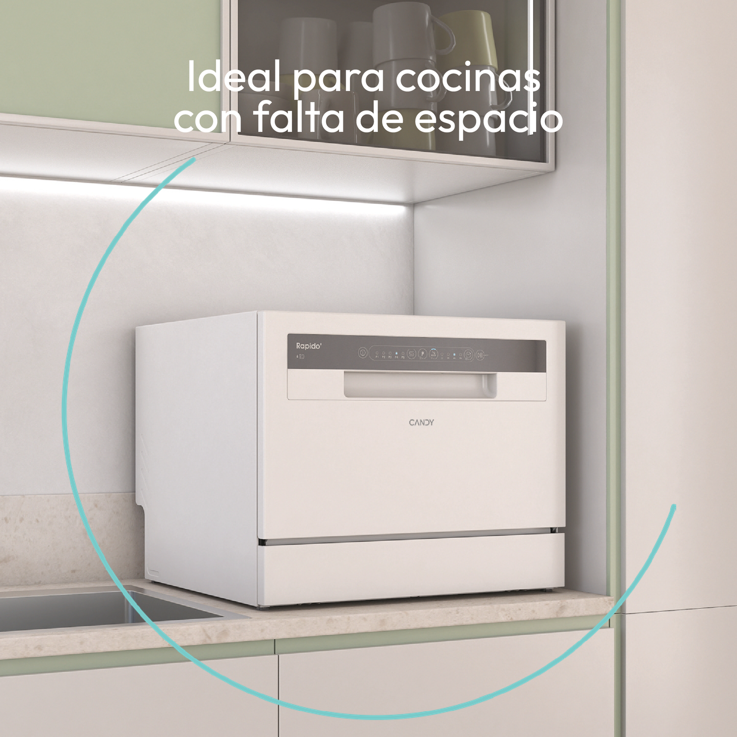 Lavavajillas compacto blanco debajo de un armario.