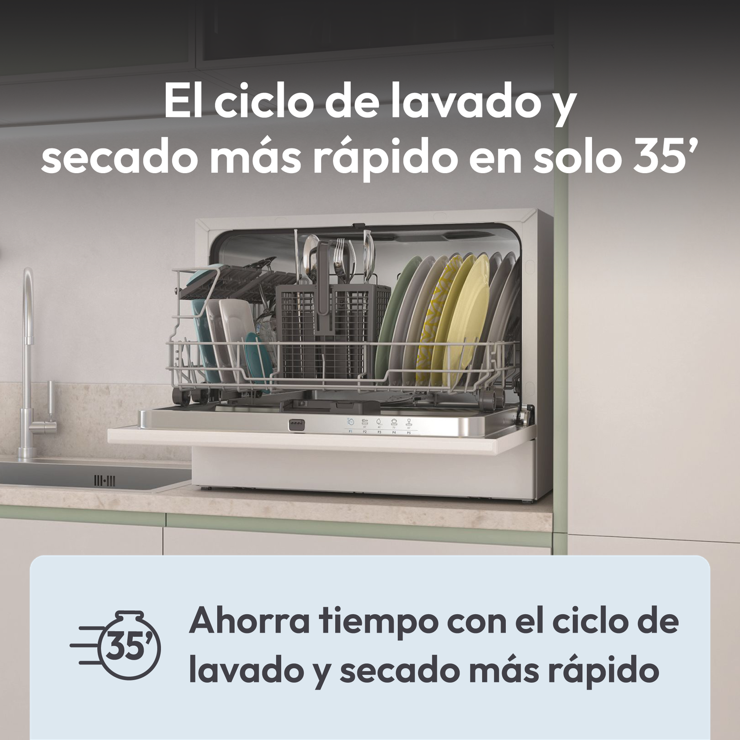 Lavavajillas con platos dentro. El texto indica un ciclo de lavado y secado rápido en 35 minutos.
