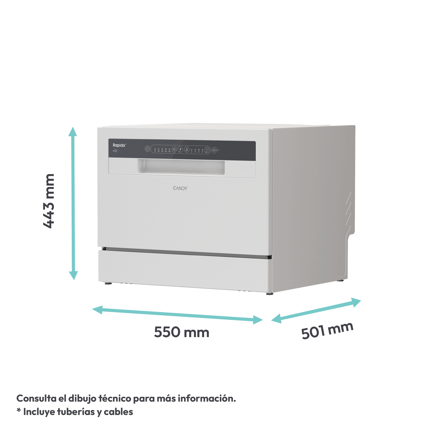 Lavavajillas blanco con dimensiones etiquetadas. Las dimensiones son 443 mm de alto, 550 mm de ancho y 501 mm de profundidad.