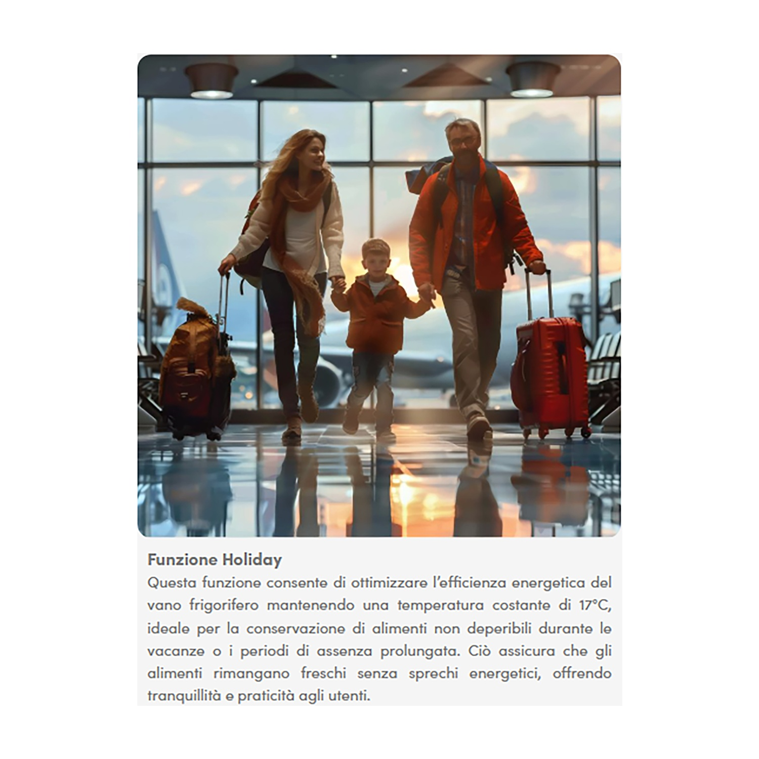 Una famiglia in aeroporto, che cammina verso un aereo, con bagagli e uno sfondo soleggiato.