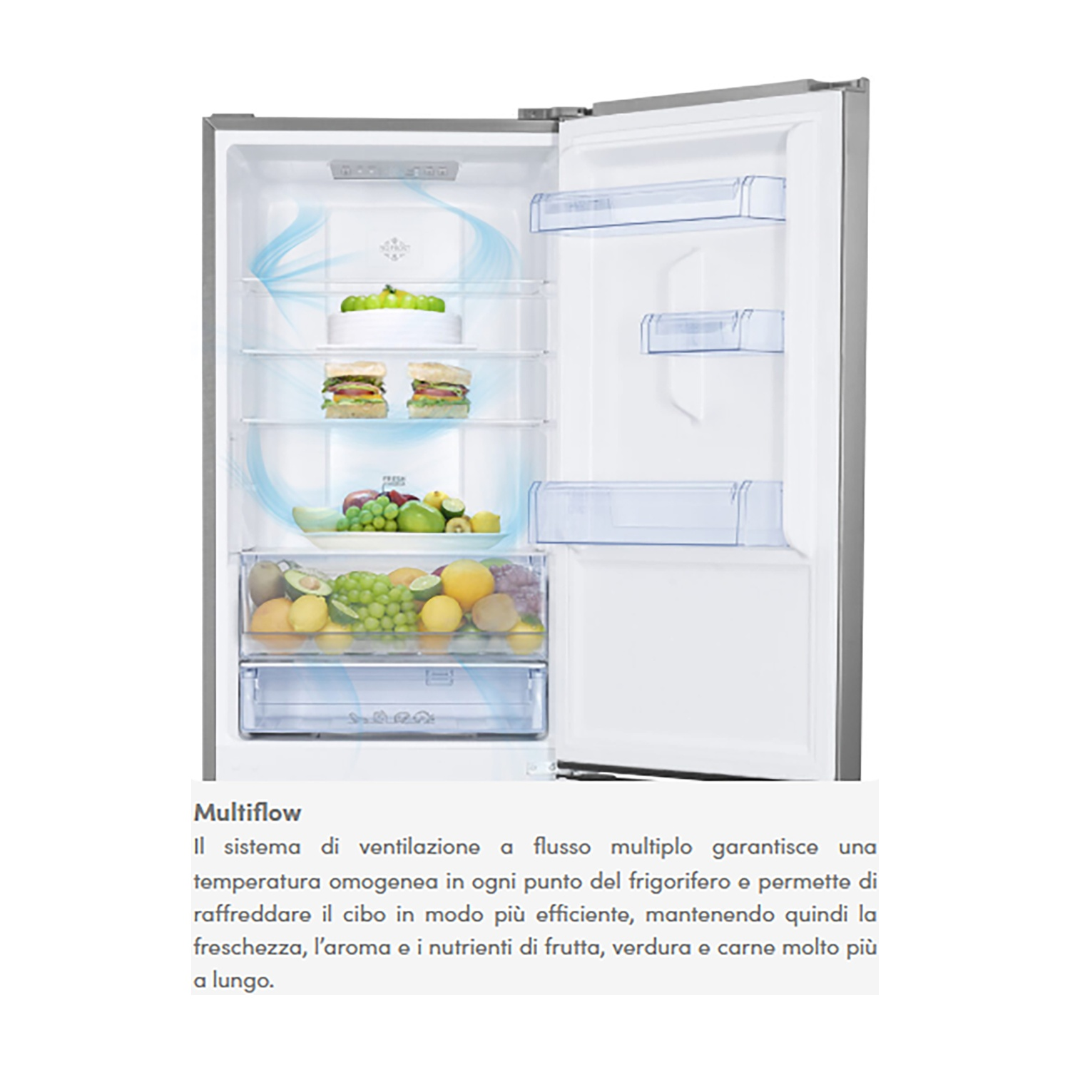 Frigorifero aperto con cibo sugli scaffali e guide blu per il flusso d'aria. Il frigorifero è bianco.