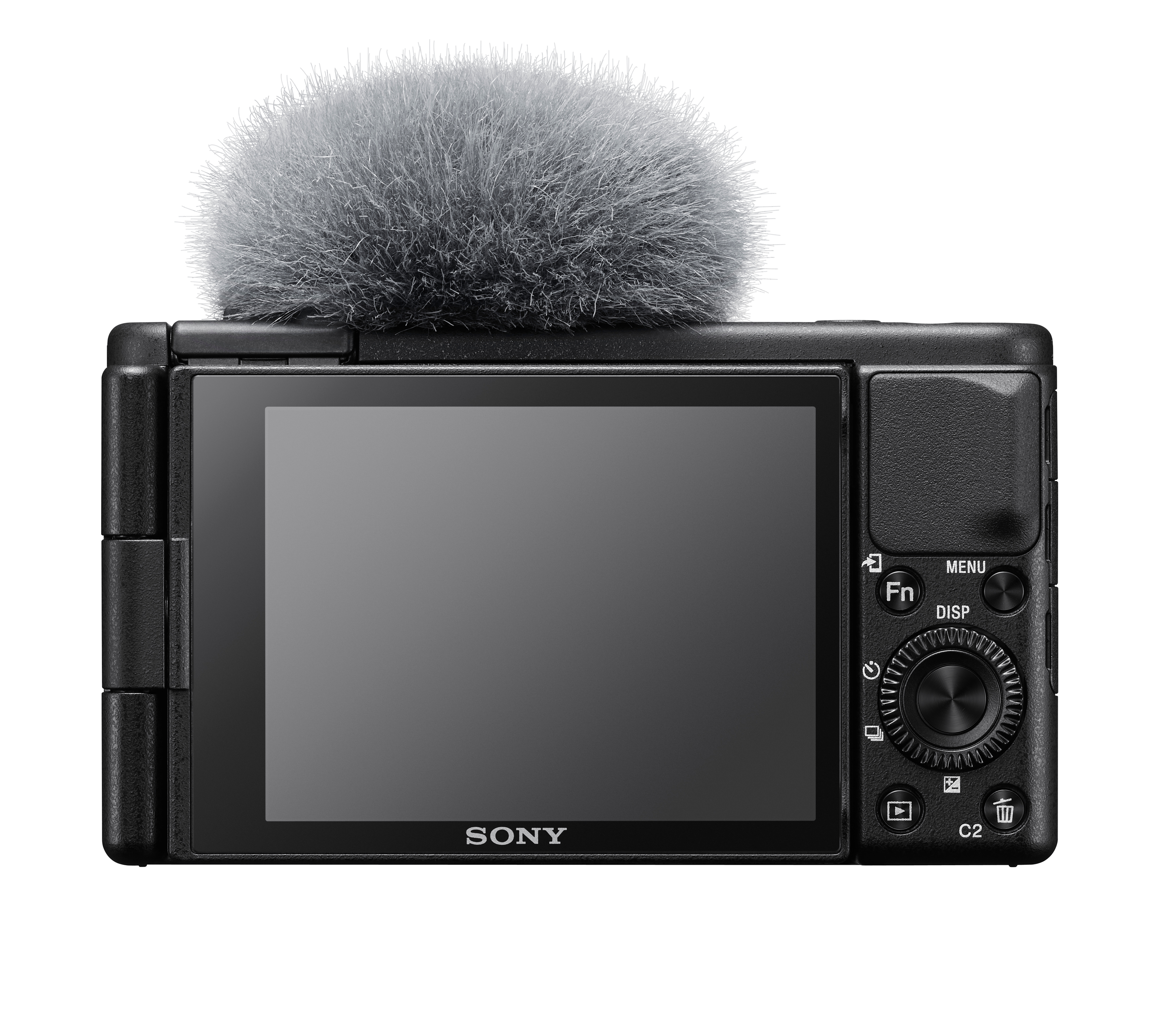 Cámara Sony negra con un micrófono en la parte superior. La pantalla es negra.