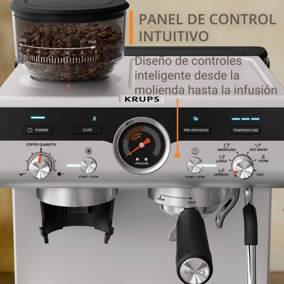 Máquina de espresso con granos de café en recipiente transparente, panel de control y medidor.