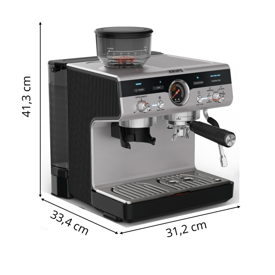 Máquina de espresso plateada y negra con dimensiones.