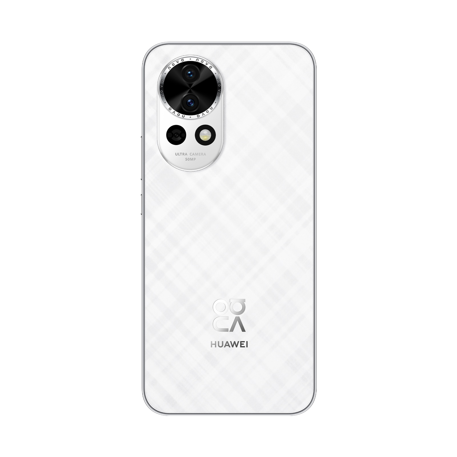 Arka tarafında üç lensli kamera ve Huawei logosu bulunan beyaz akıllı telefon.