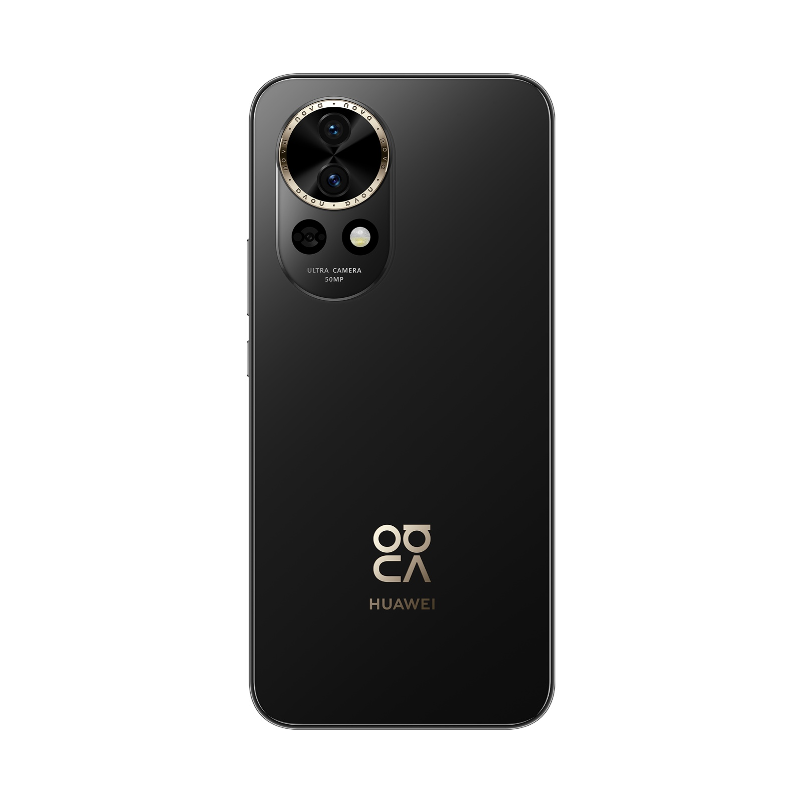Arka tarafında üç lensli kamera ve Huawei logosu bulunan siyah akıllı telefon.