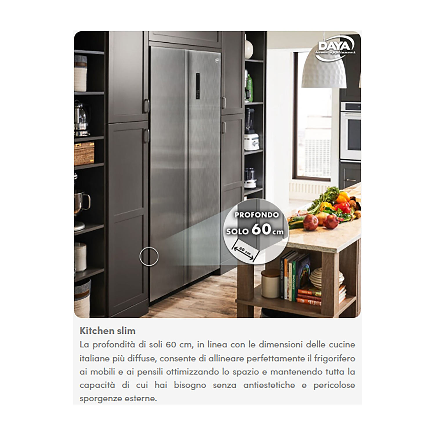 Una cucina slim con frigorifero e isola in legno è in mostra.