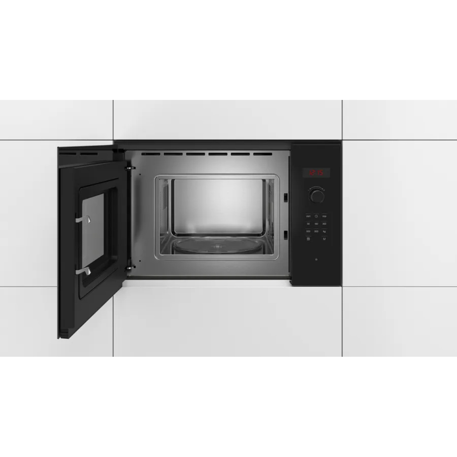 Black microwave oven installed in a white kitchen cabinet, door open. Interior is visible.