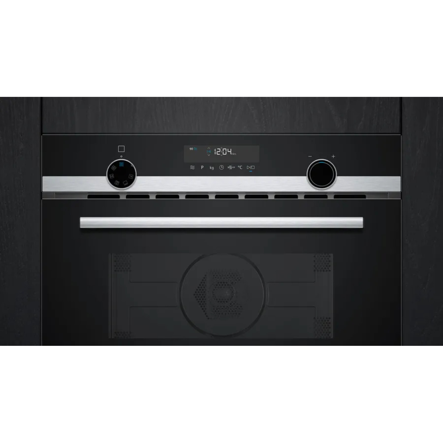 An oven with a digital display and control knobs.