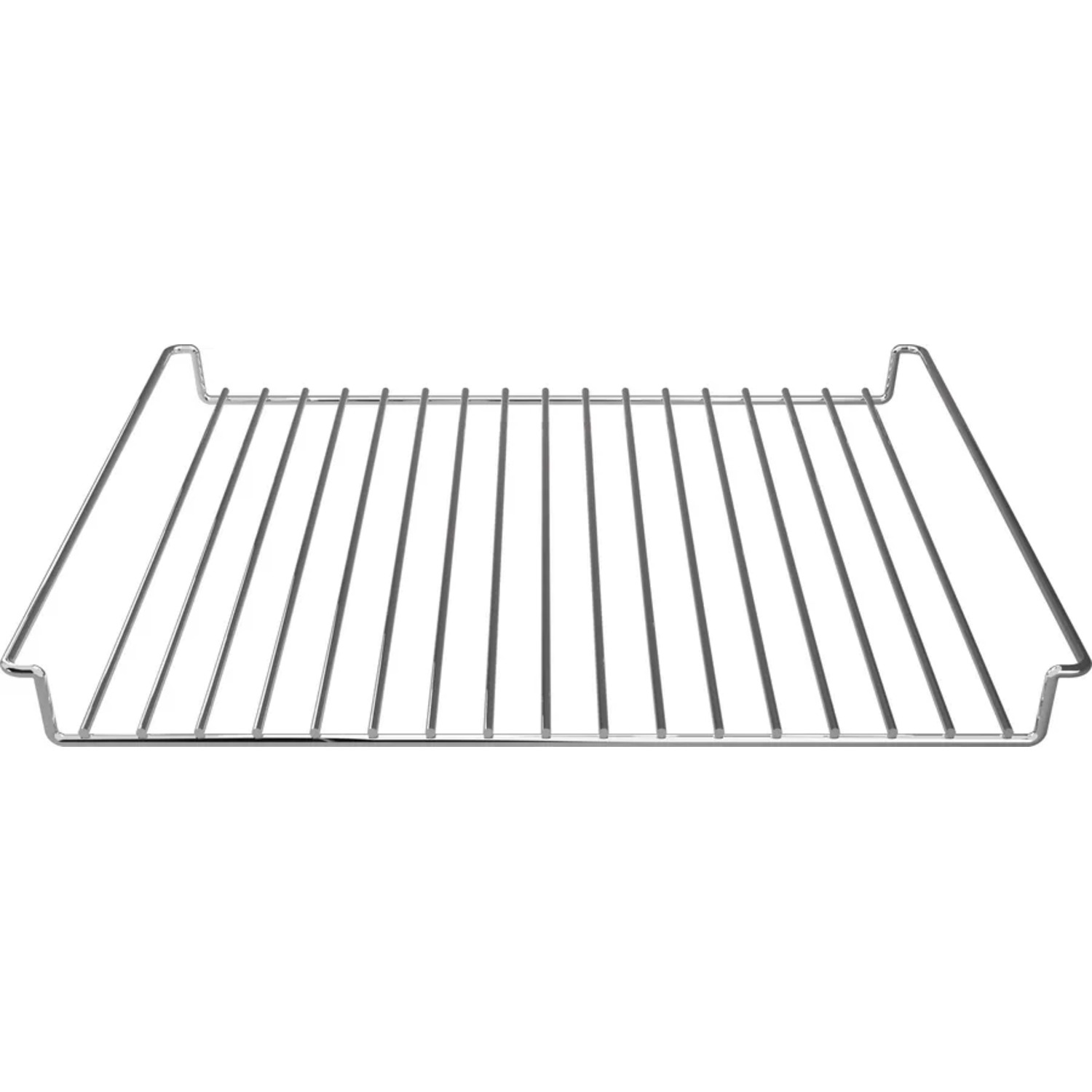 A chrome oven grill rack. It is a rectangular shape with many parallel bars.