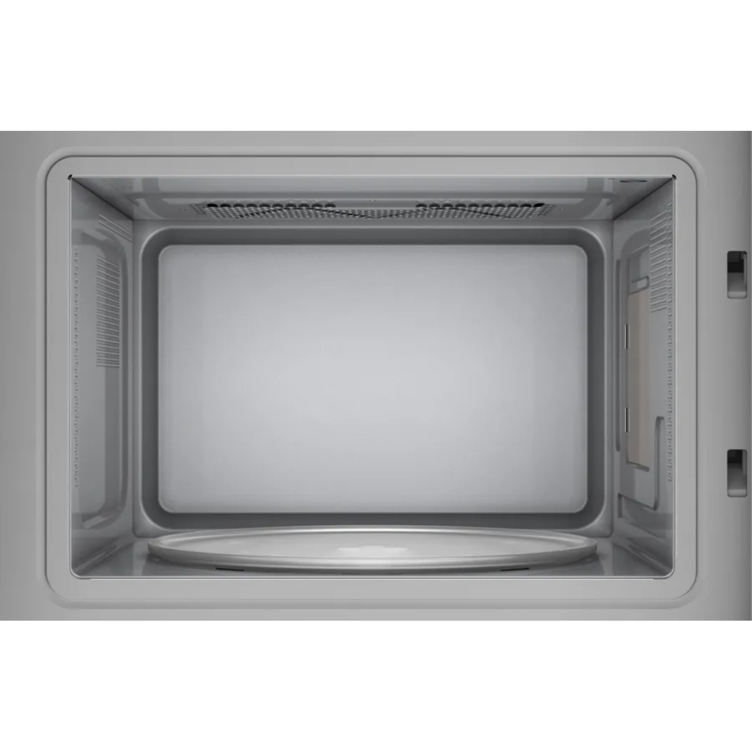 Interior view of a grey microwave oven. The interior is empty with a glass plate on the bottom.