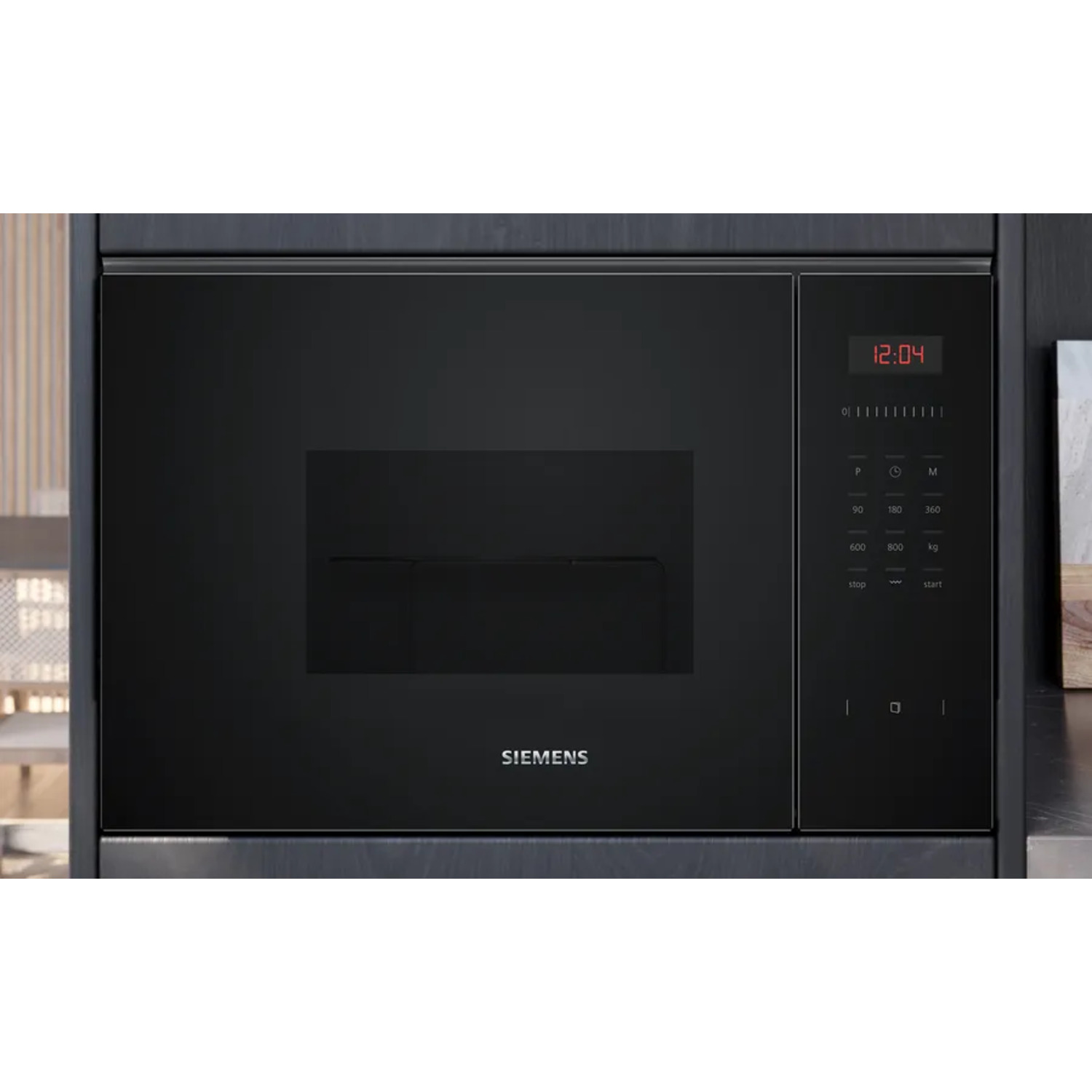 Black built-in microwave oven with digital display and control buttons.